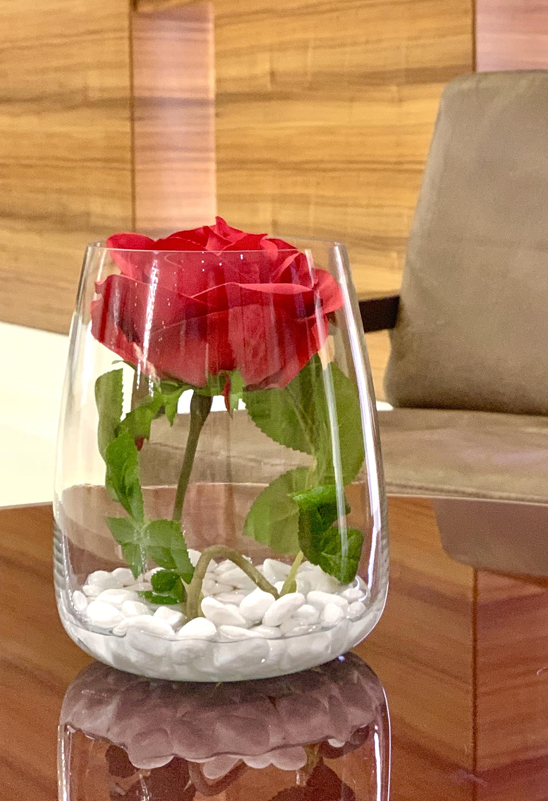 SMArtDecorLLC - Beautiful large artificial single stem Red Rose arranged in a nice, palm-of-the-hand, 15x11x18cm bowl vase