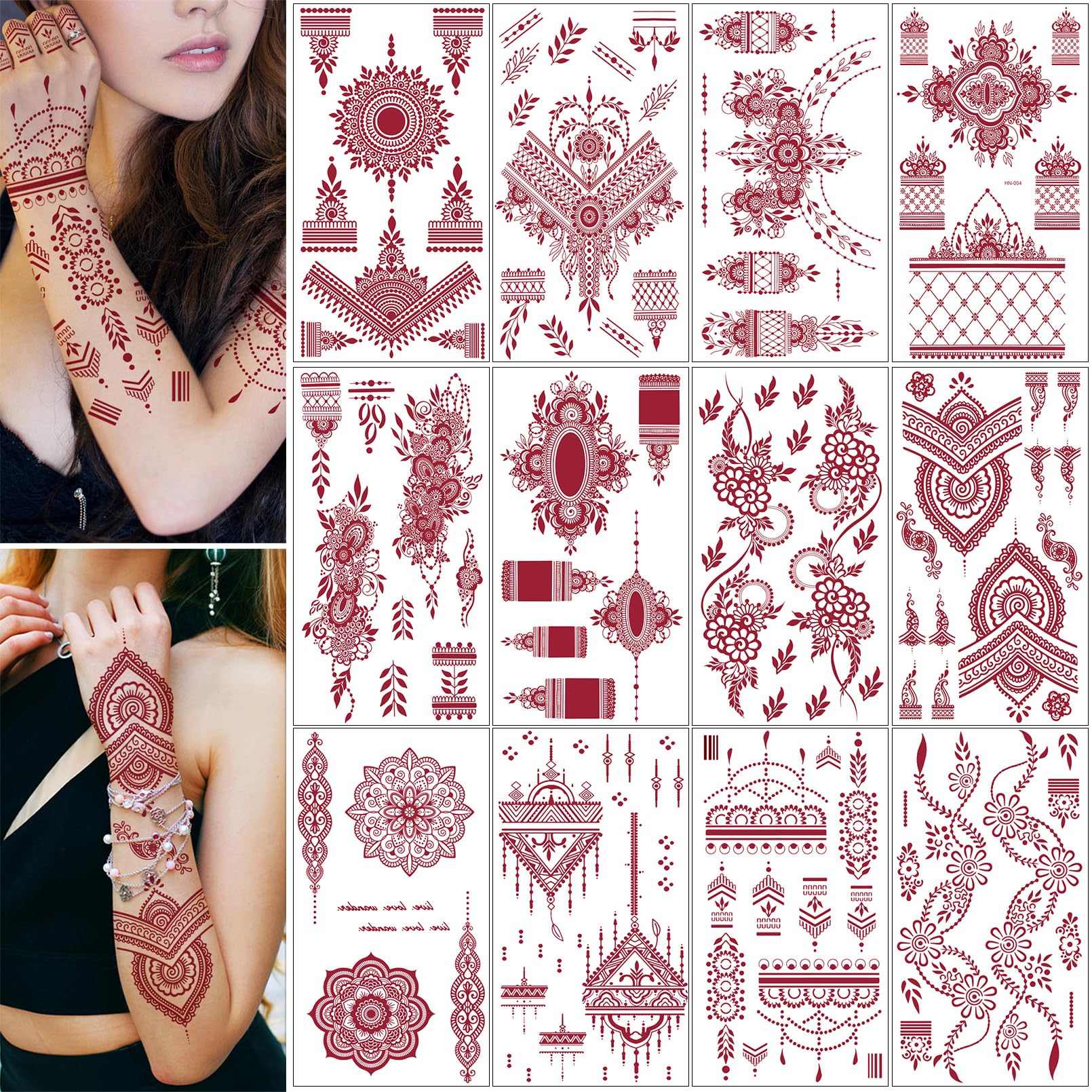 12 Sheets Brown Henna Tattoos Kit, Waterproof Temporary Tattoo Kits, Lotus Mandala Flower Temporary Tattoos Neck Chest Arm