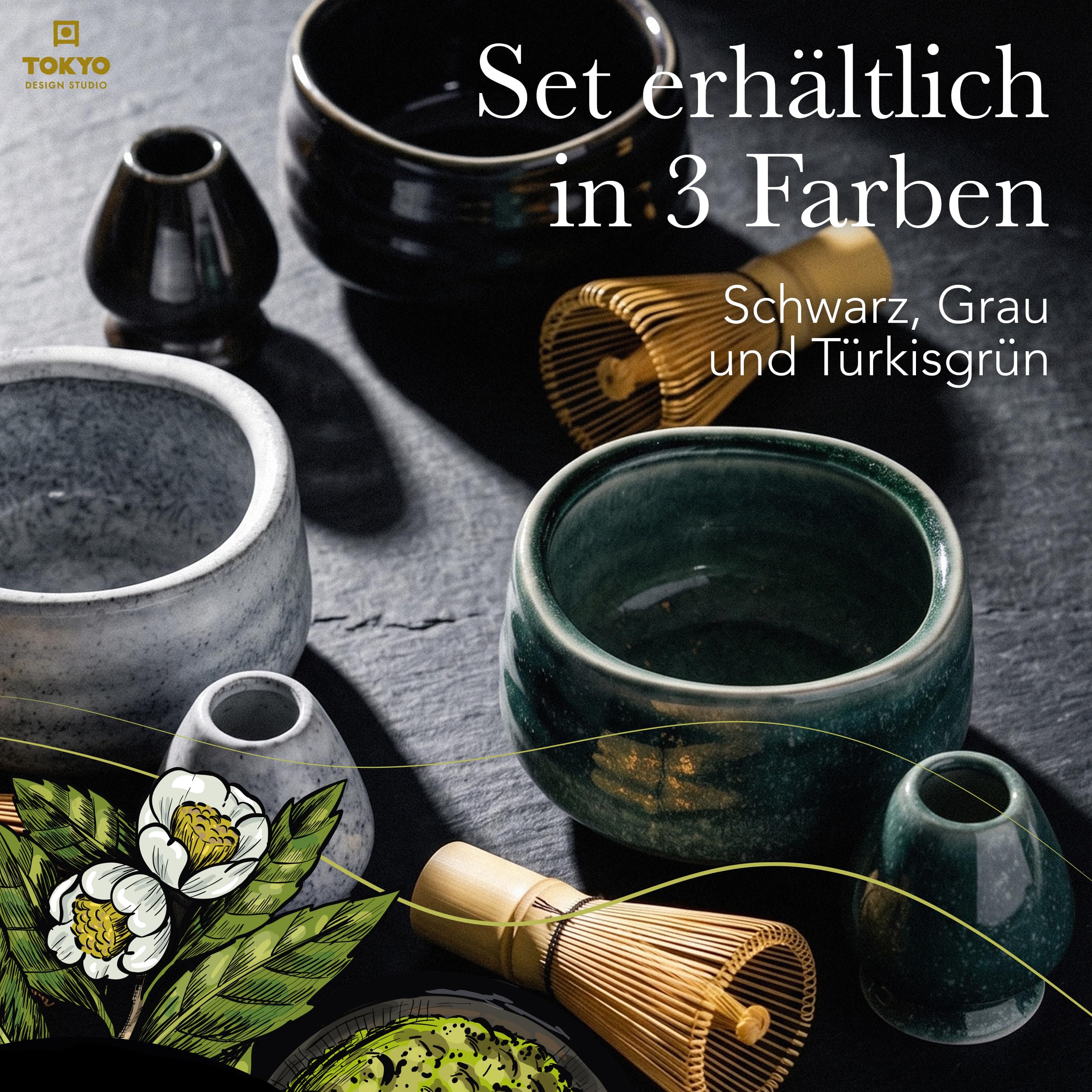 TOKYO design studio – 4-teiliges Matcha Set in hochwertiger Geschenkverpackung - mit Matchaschale, Bambusbesen, Bambuslöffel & Teebesenhalter - Traditionelle Teezeremonie – Edle Keramik in Türkisgrün