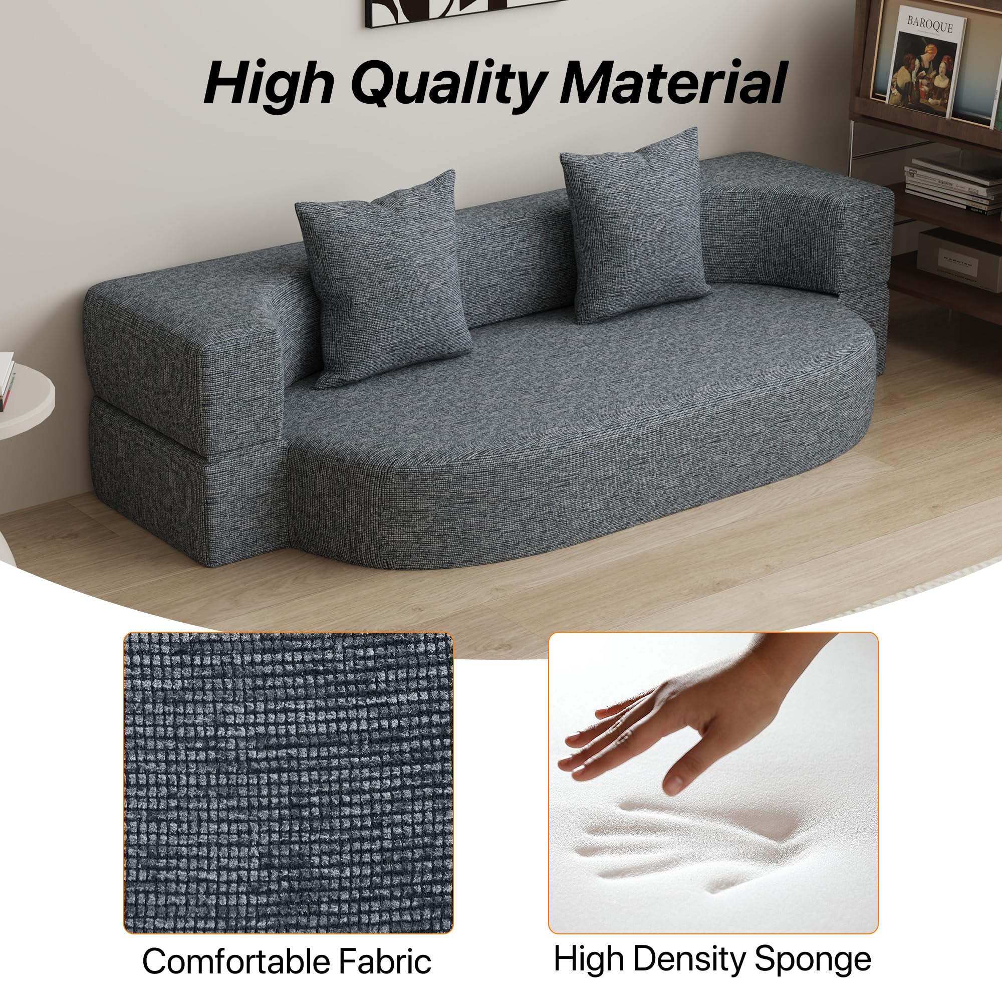 HENGJIANYI Folding Sofa Bed, Convertible Futon Sleeper Bed, 2-in-1 Foldable Floor Mattress with 2 Pillows, Breathable High-Density Foam Lazy Couch, Twin Size Comfy Lounge Chair, Dark Gray