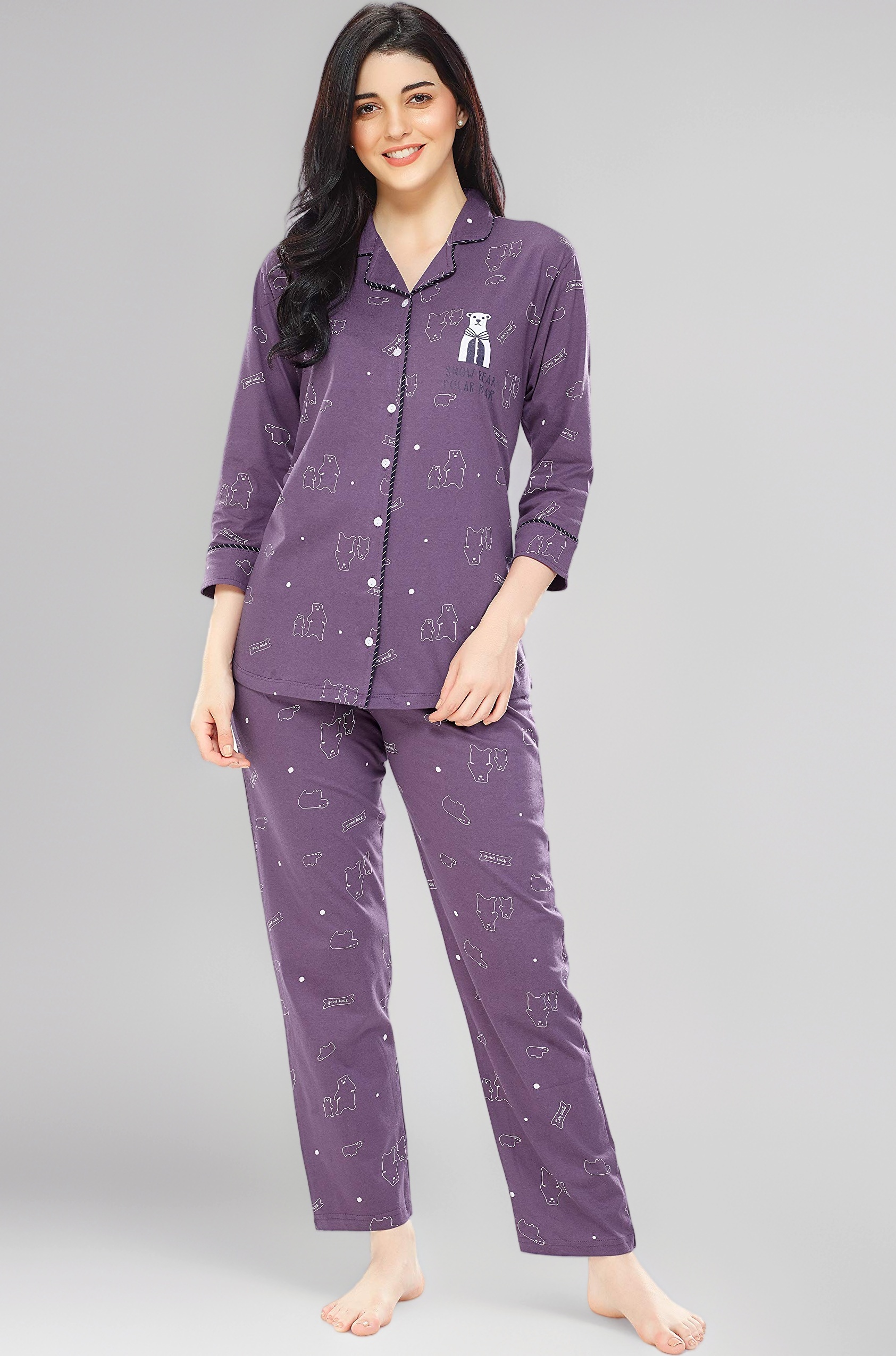 ZEYO Women's Cotton Heart Printed Night Suit Set Of Shirt & Pajama Set 5274