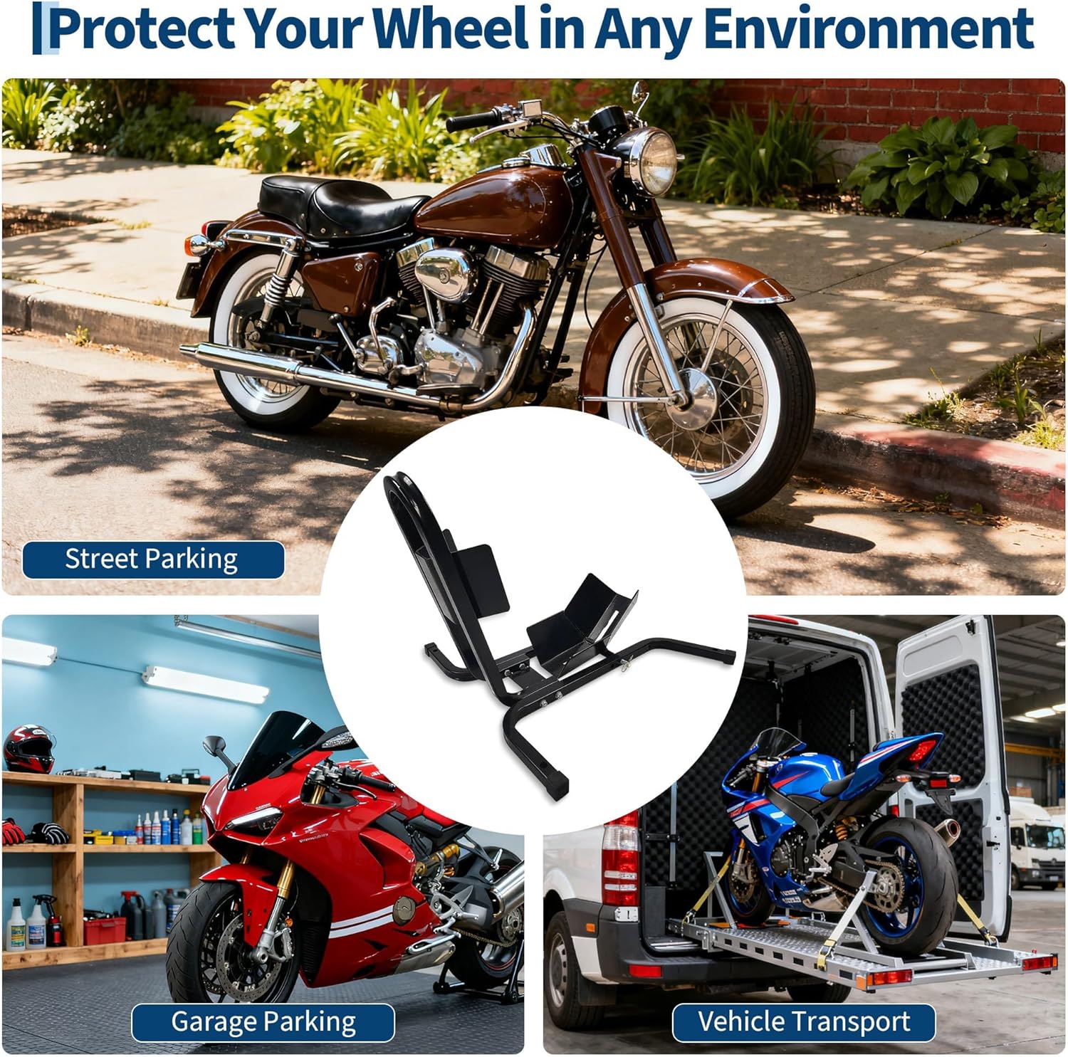 Global Motorcycle Wheel Chock - Adjustable 16-21 Inch Tire Holder - 1500LBS Front Stand Immobilizer - for Trailers, Garages, Sport & Dirt Bikes - Secure Suspension Transport