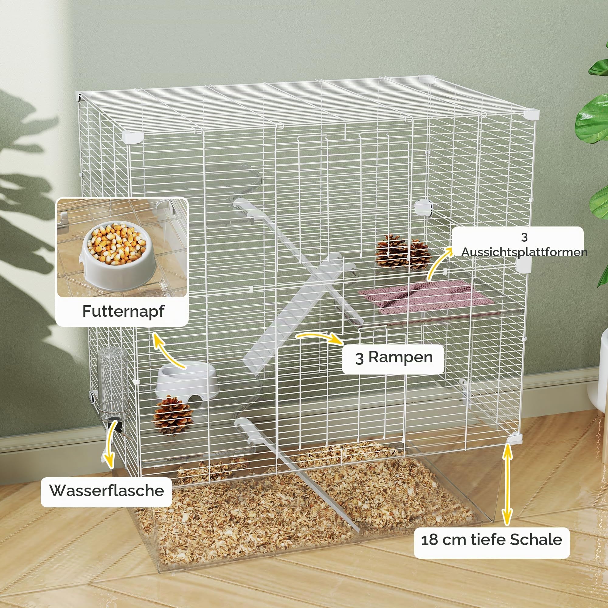 PawHut Mehrstöckiger Nagetierkäfig mit Zubehör, Hamsterkäfig aus Stahl, PET und PS, 73x47x80 cm, Weiß | Inklusive Zubehör, Käfig für Hamster, Frettchen, PET und PS