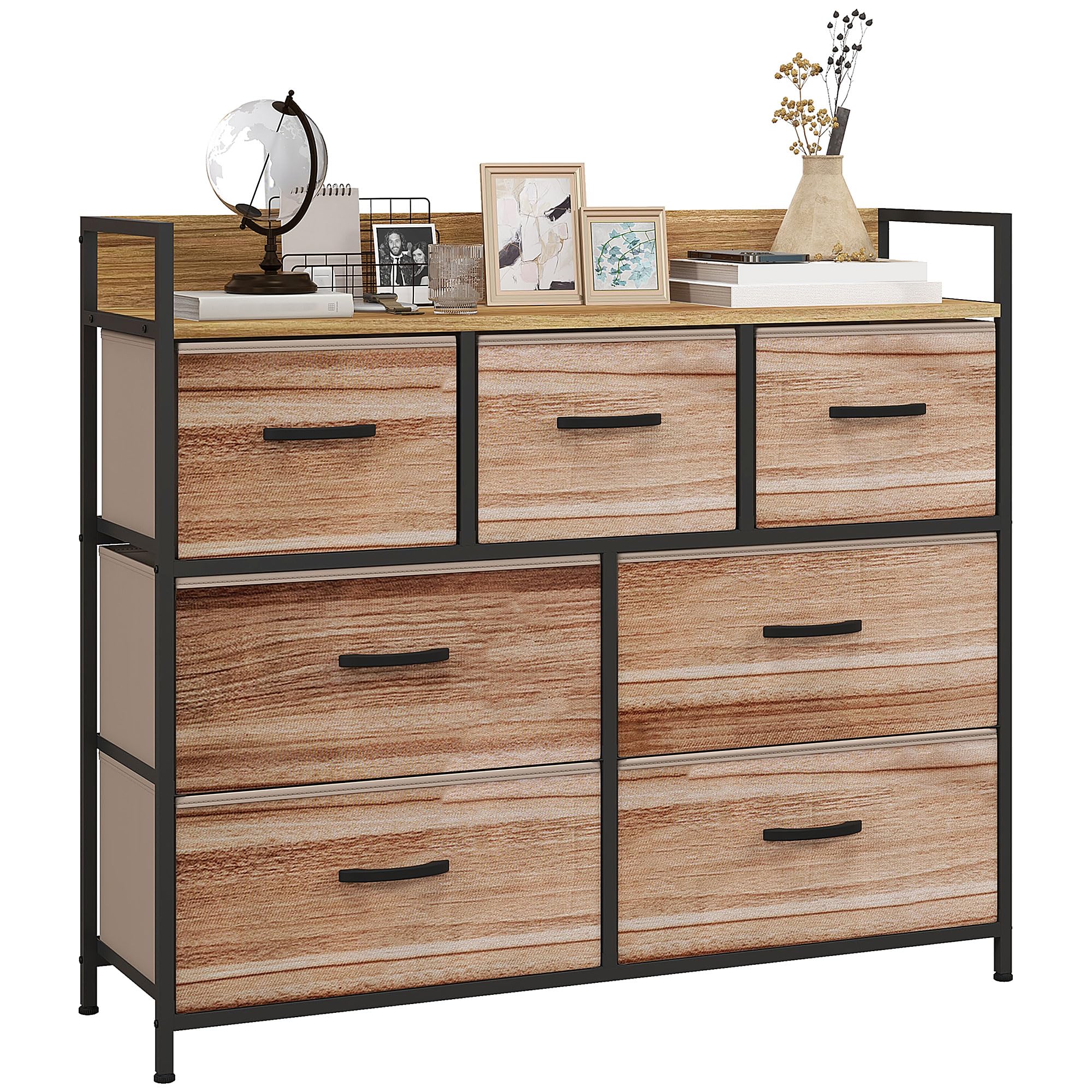 HOMCOM Commode Meuble de Rangement 7 Tiroirs 98x29x85 cm Noir Naturel | Chiffonnier, Structure en Acier, pour Chambre, Entrée, Salon