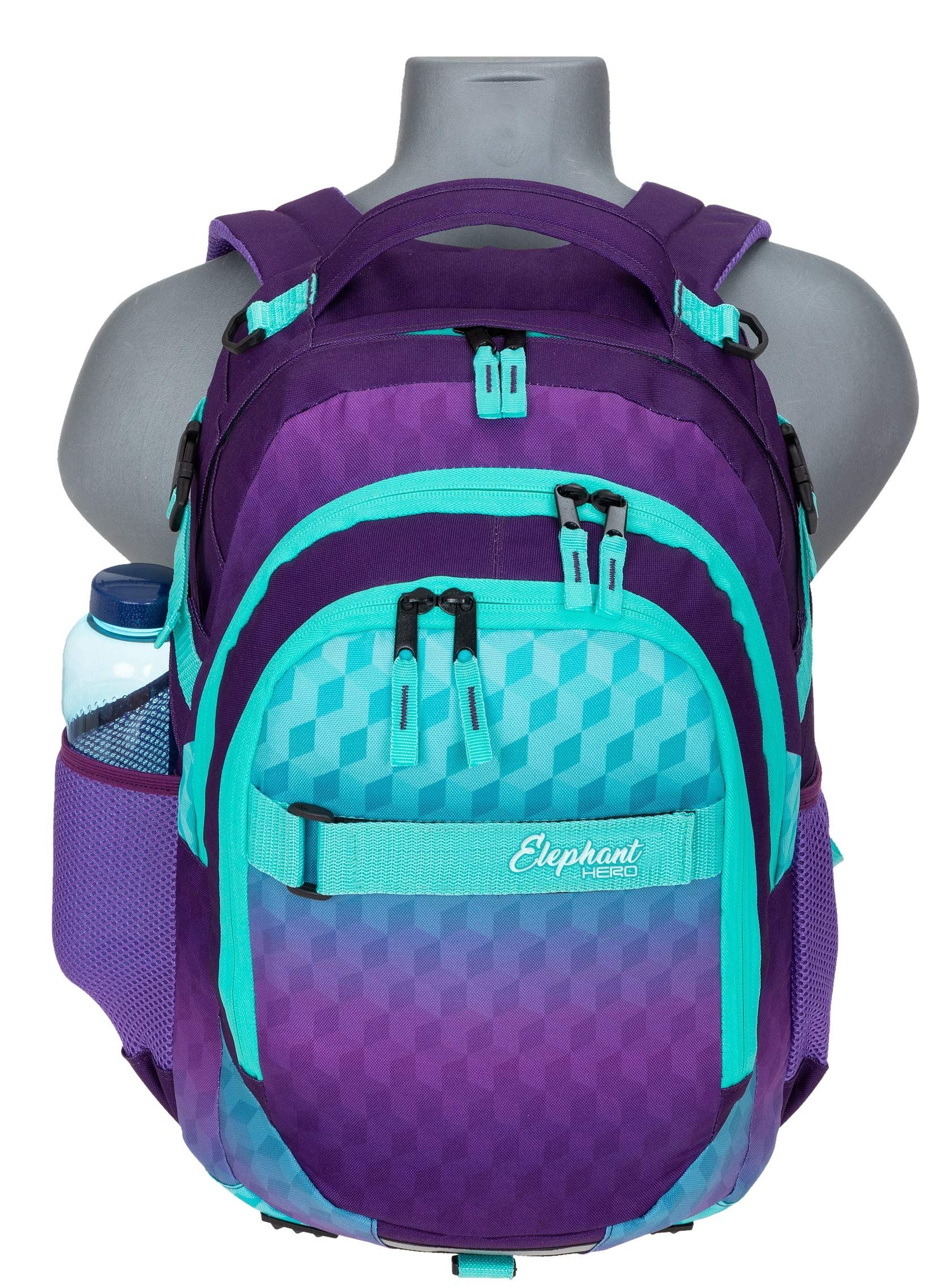 Elephant Schulrucksack Hero Rucksack mit Regenhülle 12868 Violet Cube +r | Signature Schultasche Schulmappe Daypack + Regencover Mädchen Jungen Türkis Lila