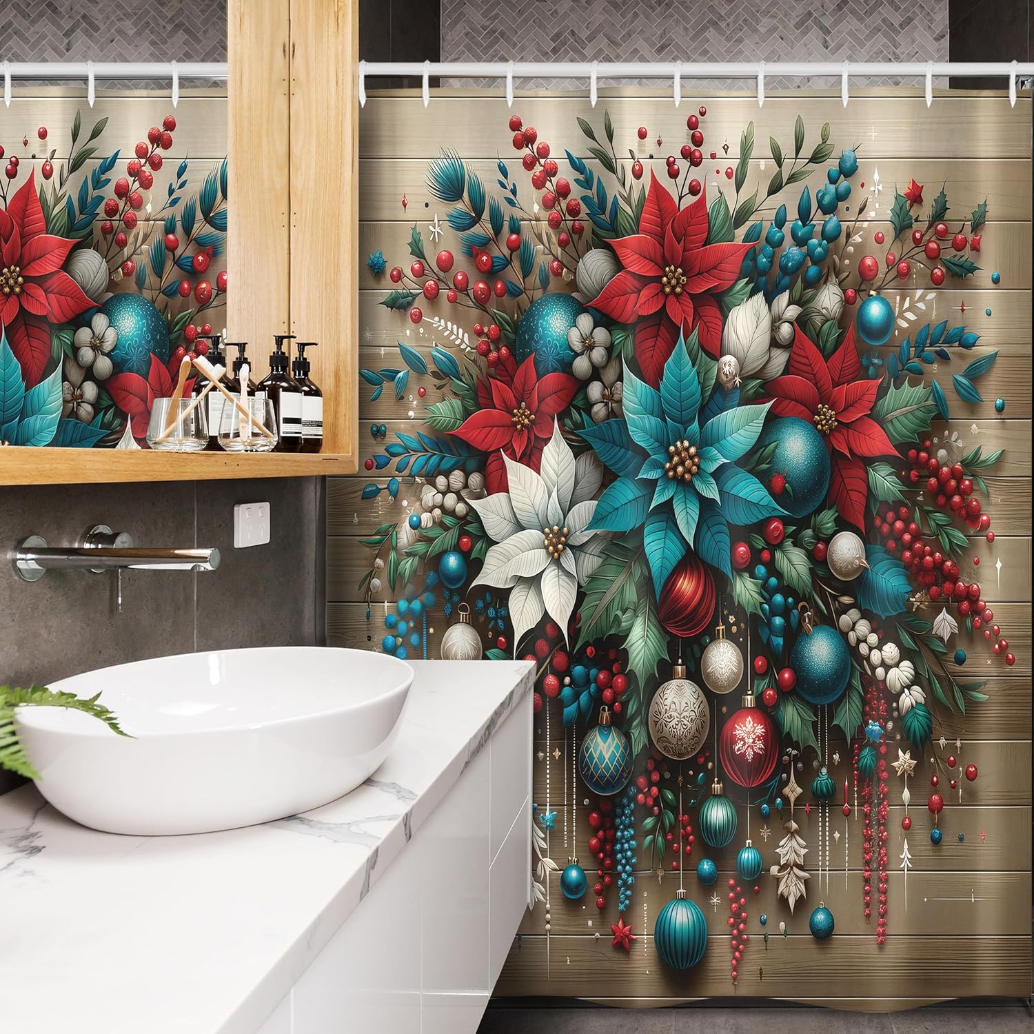 Ambesonne Christmas Stall Shower Curtain, Xmas Ornate on Wooden Planks with Poinsettia Flowers and Globes, Fabric Bathroom Decor Set with Hooks, 54" W x 78" L, Dark Turquoise Ruby Sepia