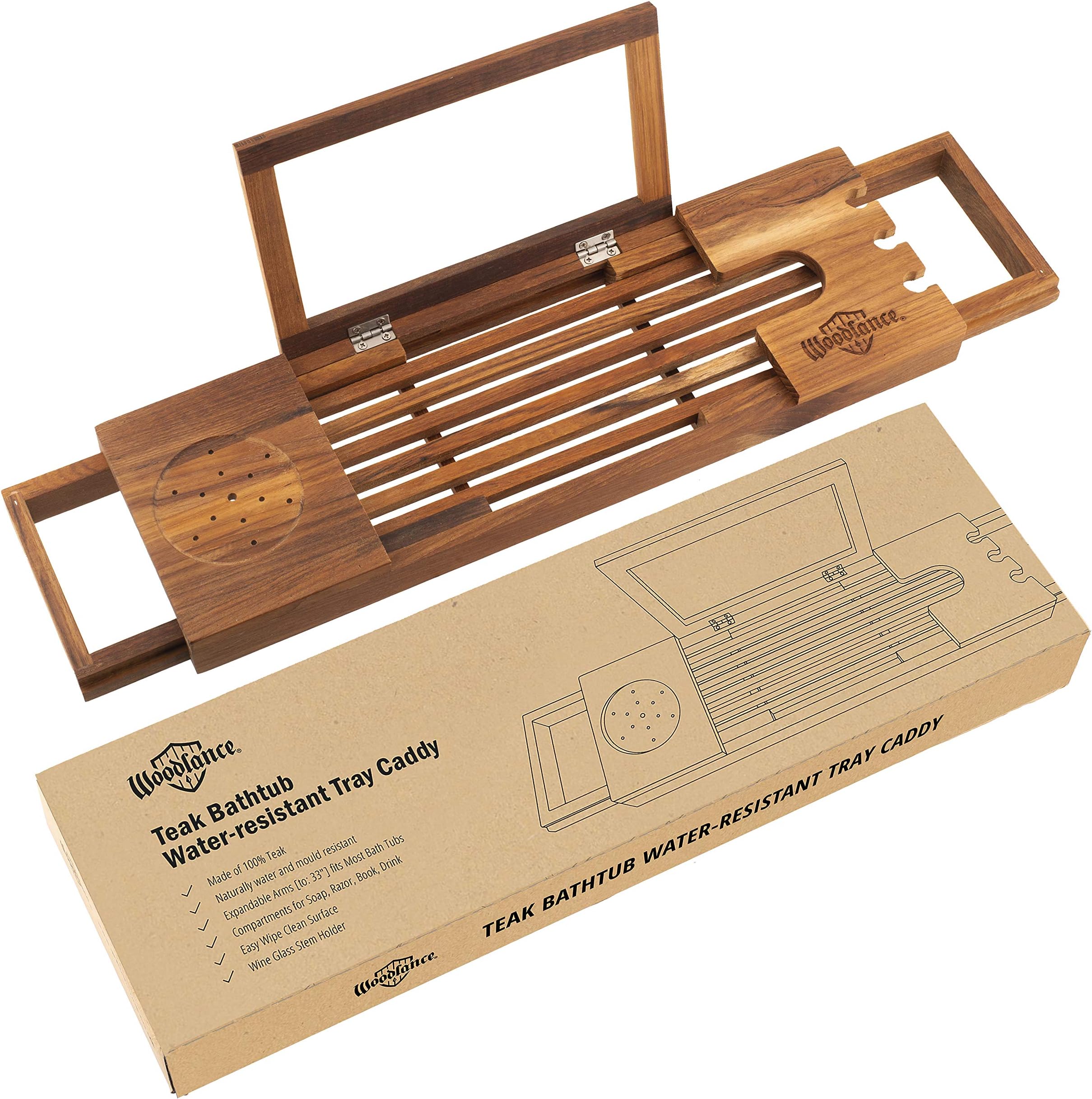 Woodlance Teak Wood Bathtub Caddy Tray - Premium Wooden Bathroom Holder for Book, Tablet, Wine Glass, Candles, Tea - Adjustable and Expandable Luxury Board for Relaxing - Rustic Bath Accessory Gifts