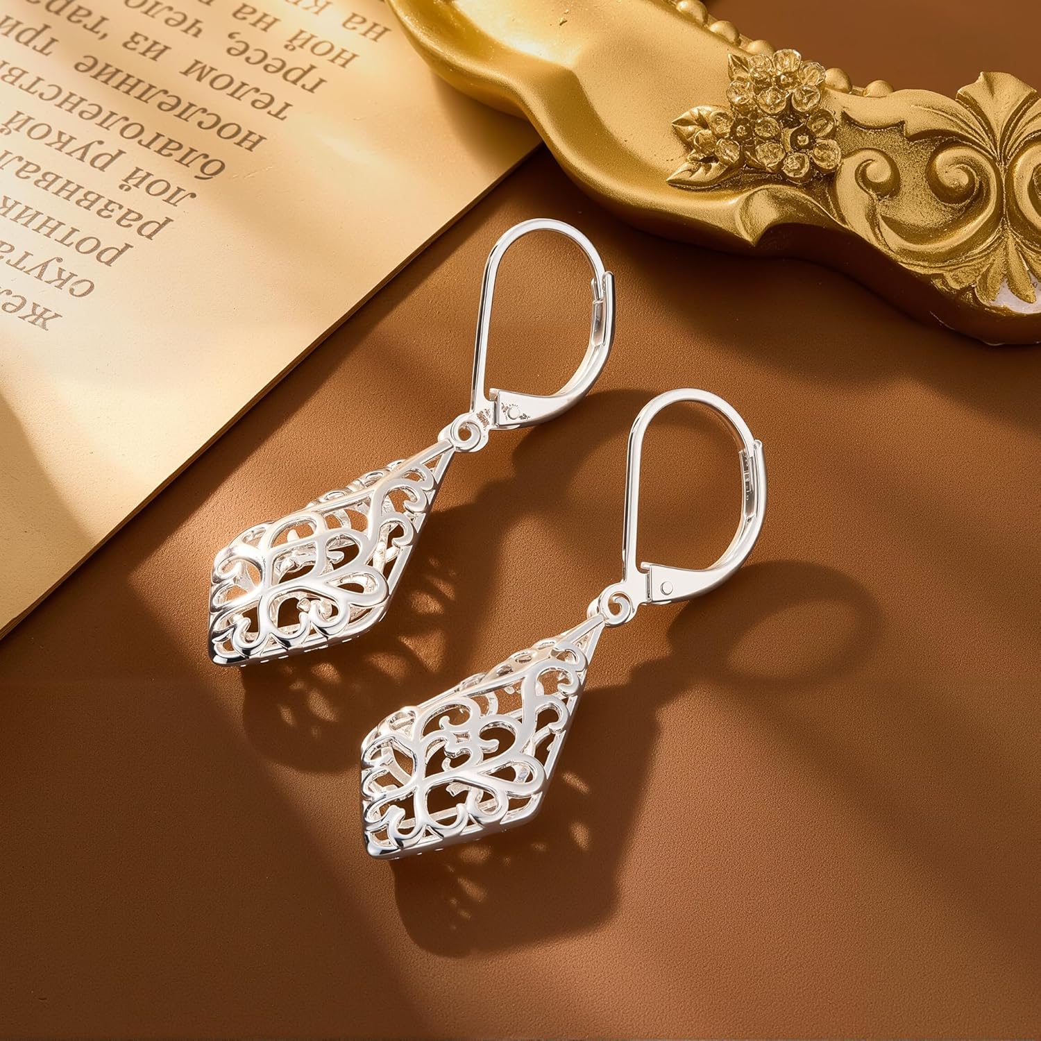 925 Sterling Silver Dangle Earrings for Women, 14K Gold Plated Filigree Dangling Leverback Earrings, Geometric Hypoallergenic Lightweight Dangly Drop Earings for Women Trendy Jewelry Gifts - Image 6