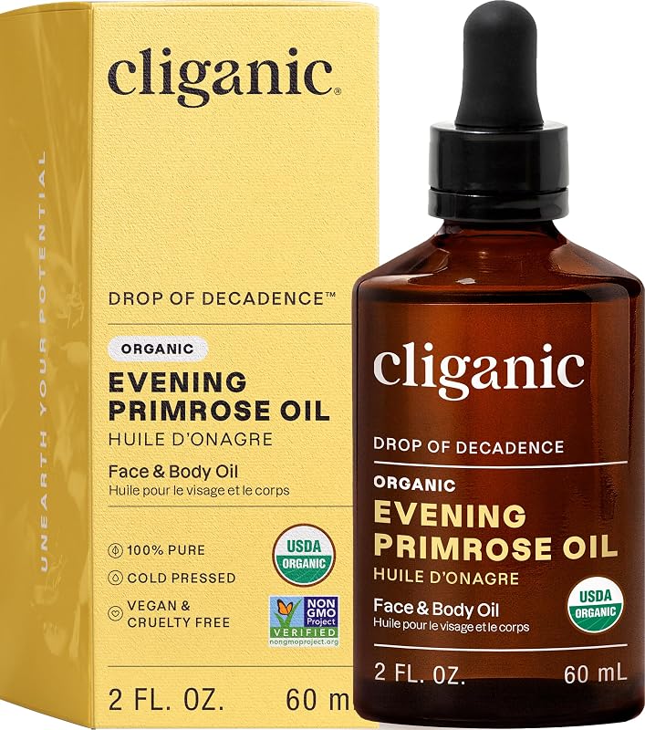 Cliganic Óleo de Prímula Orgânico 100% Puro, Prensado a Frio e Não Refinado para Rosto e Cabelo, 60 mL
