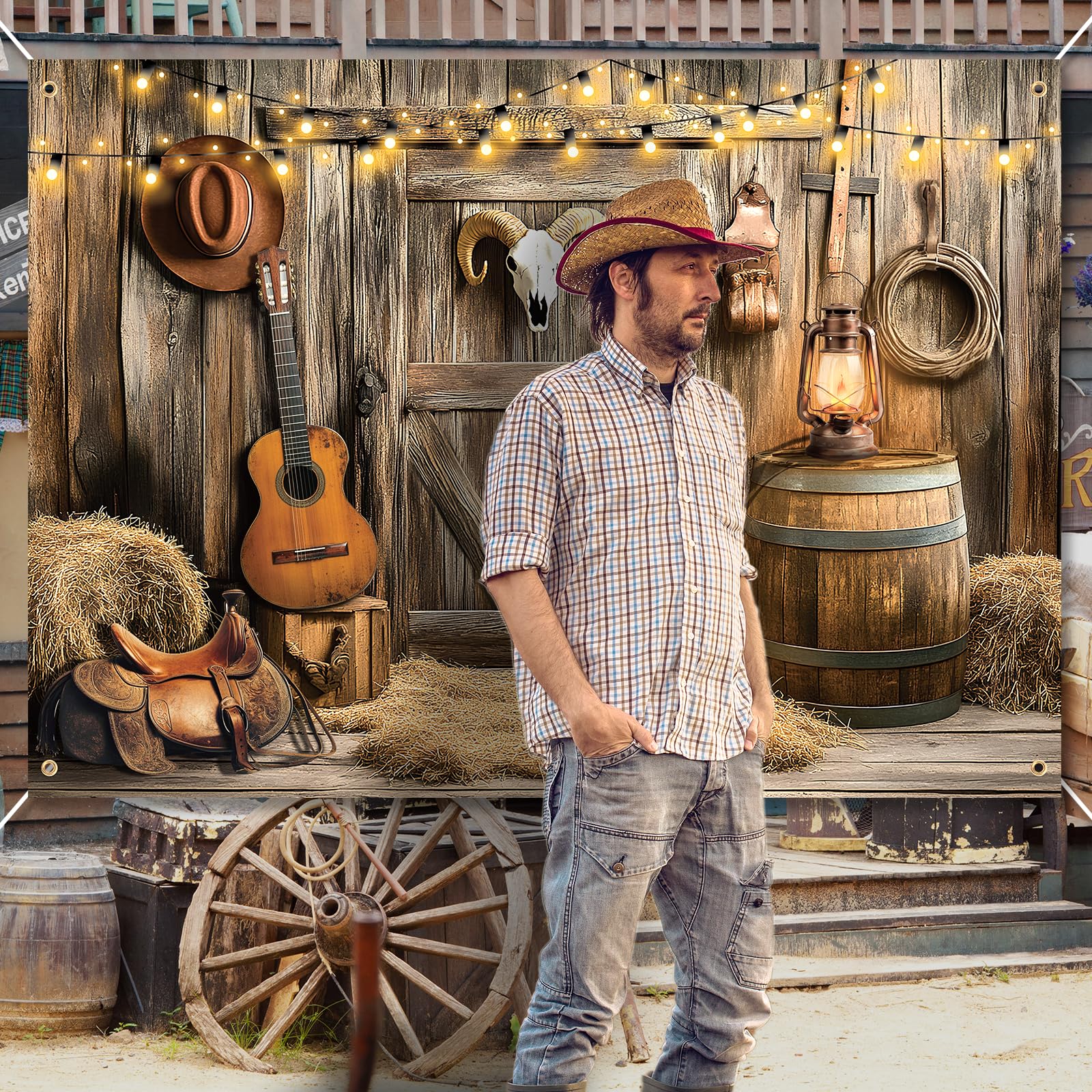 Tło Kowbojskie Western, 210x150cm Dekoracje na Przyjęcia w Stylu Dzikiego Zachodu Rustykalne Tło Domu Stodoły Baner Rodeo Rekwizyty Fotograficzne w Stylu Western na Przyjęcia Urodzinowe