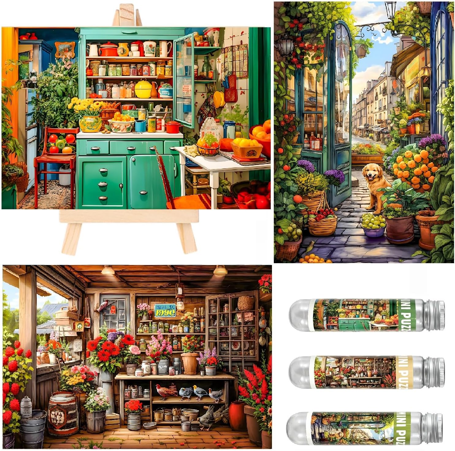 Small Jigsaw Puzzles for Adults 150 Pieces Vintage Oil Painting Kitchen Mini Jigsaw Puzzles Oil Painting Challenging 6 x 4 Inches, 3 Pcs,Mini Easel Included