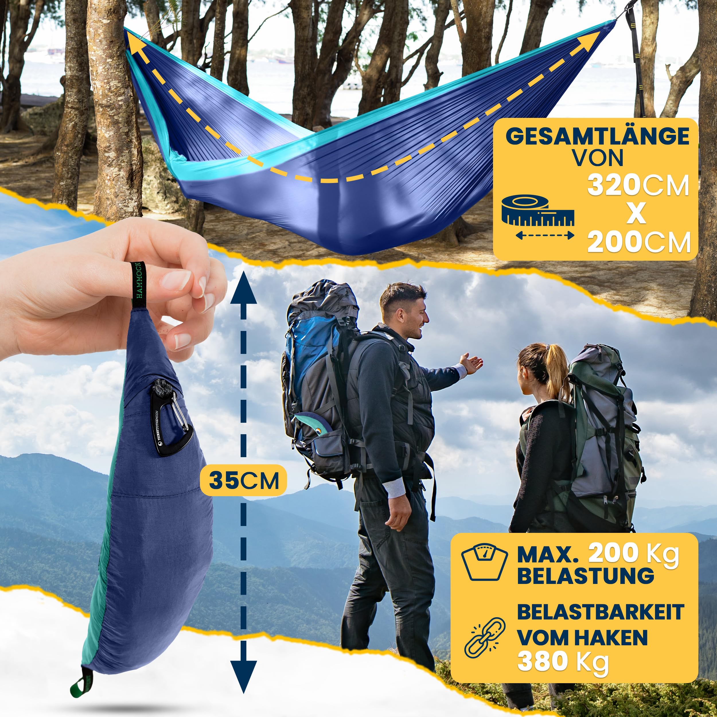 Fallschirmhängematte Original - Das Original seit 1996 | KÖNIGSBLAU/TÜRKIS | Multitalent und Leichtgewicht | 320 x 200 cm, nur 600 g | Schneller Aufbau < 1min | Camping, Hängematte