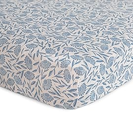 mushie Extra Soft Muslin Fitted Crib Sheet | 192 Thread Count | 28x 52 (Blue Flowers)