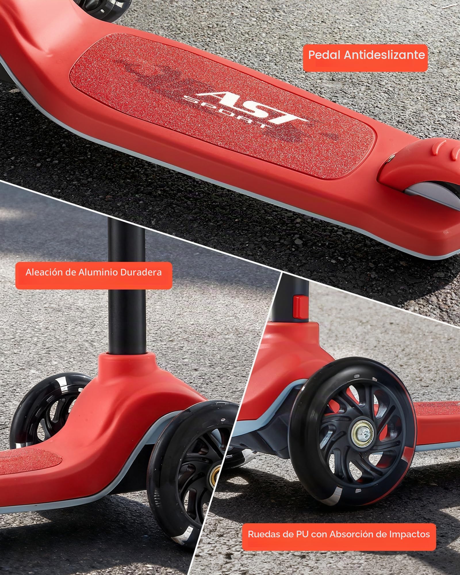 VEVOR Patinete 3 Ruedas, para Niños de 3 Años en Adelante, Ruedas Iluminadas, Manillar de Altura Ajustable, Base Antideslizante y Cuadro de Aluminio Ligero, hasta 75 kg, Rojo, 520 x 250 x 800 mm