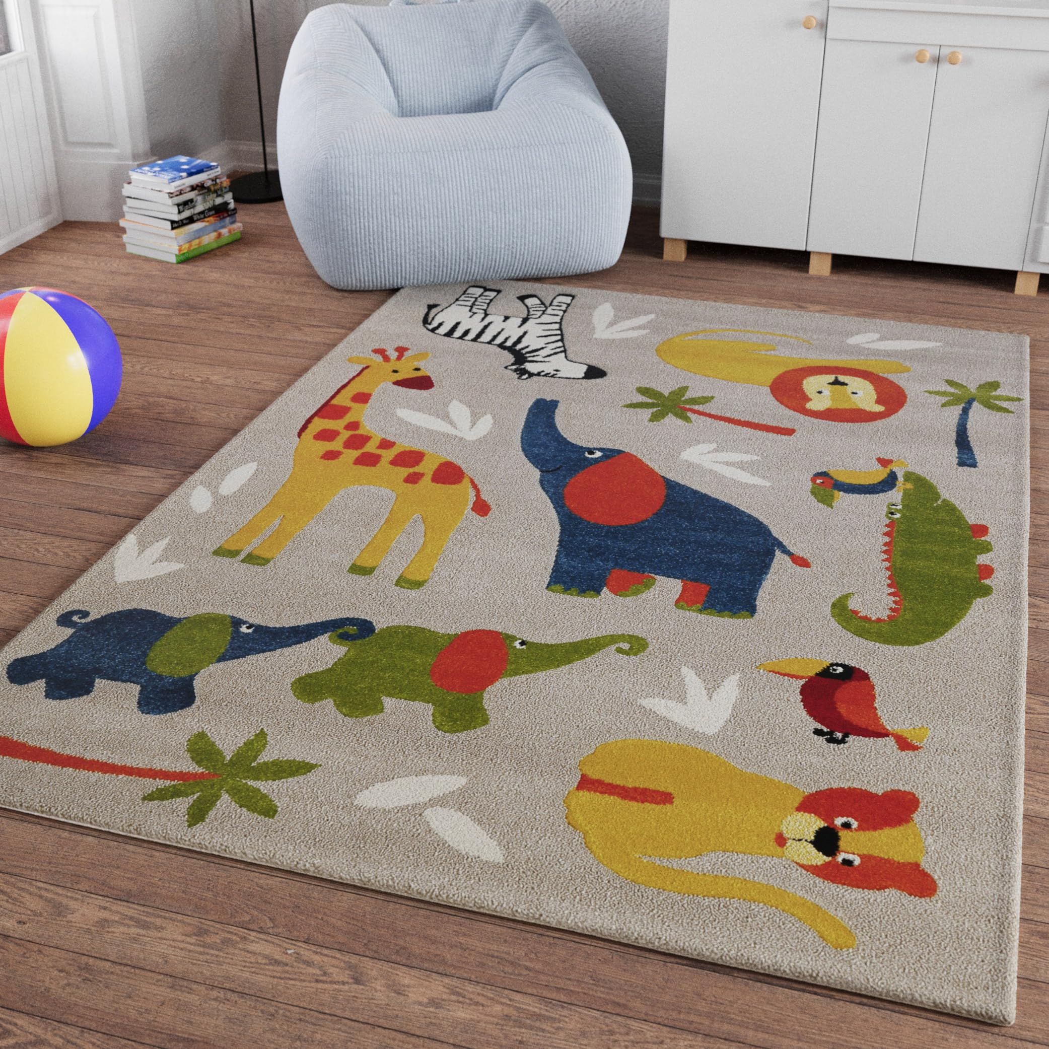 Smart Kids Tkany dywan dziecięcy, odkryj kolorowe safari z krokodylami, słoniami, żyrafami i zebrą – Benny & Friends (80 x 150 cm, piaskowy beżowy melanż)