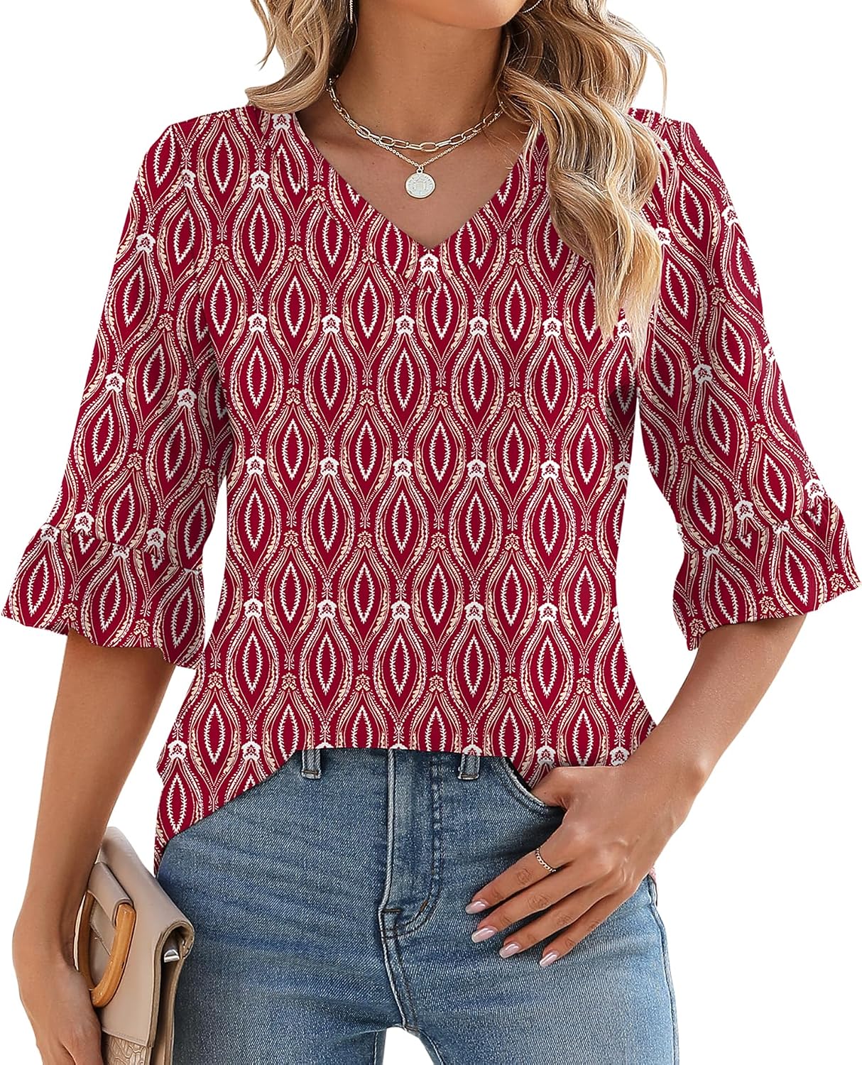 LOMON Womens 3/4 Sleeve Tops Summer Loose V-Neck Shirts Dressy Casual Ruffle Sleeve Tunic Blouses