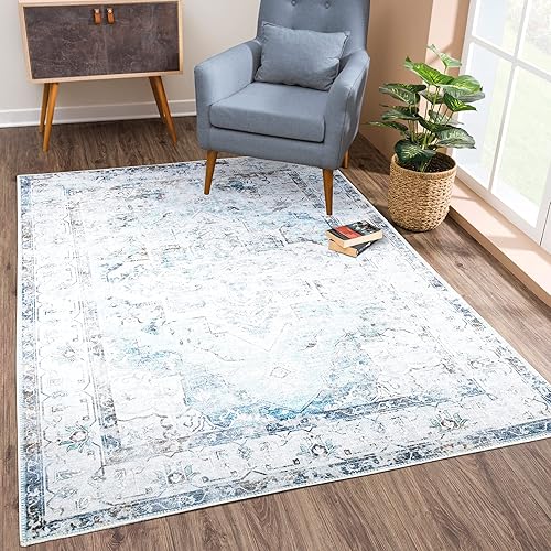 Bloom Rugs Alfombra lavable antideslizante de 3 x 5 pies  Alfombra tradicional con medallón azul marfil y azul mezclilla para sala de estar,