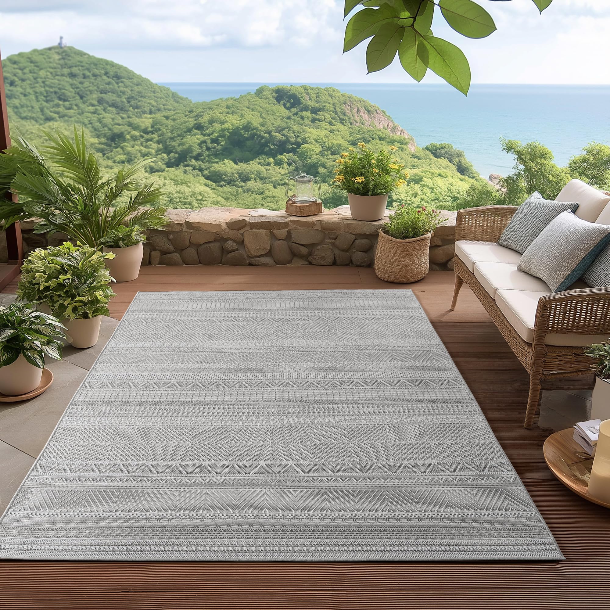 HomebyHome Outdoor Teppich Beige Wetterfest UV-beständig Pflegeleicht Skandinavisches Boho Design für Küche Balkon Terrasse Garten Wohnzimmer Esszimmer