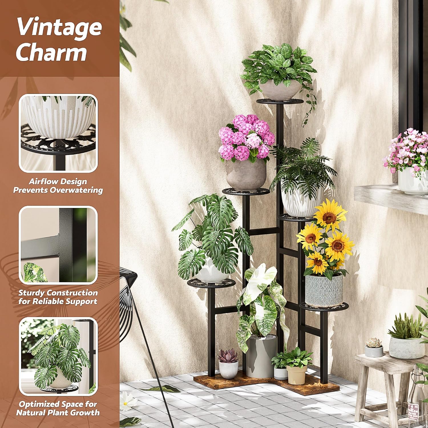 6 Tier Plant Stand Indoor Outdoor Metal Flower Pot Holder Shelf Tiered Planter Display Rack for Living Room Balcony Garden Patio