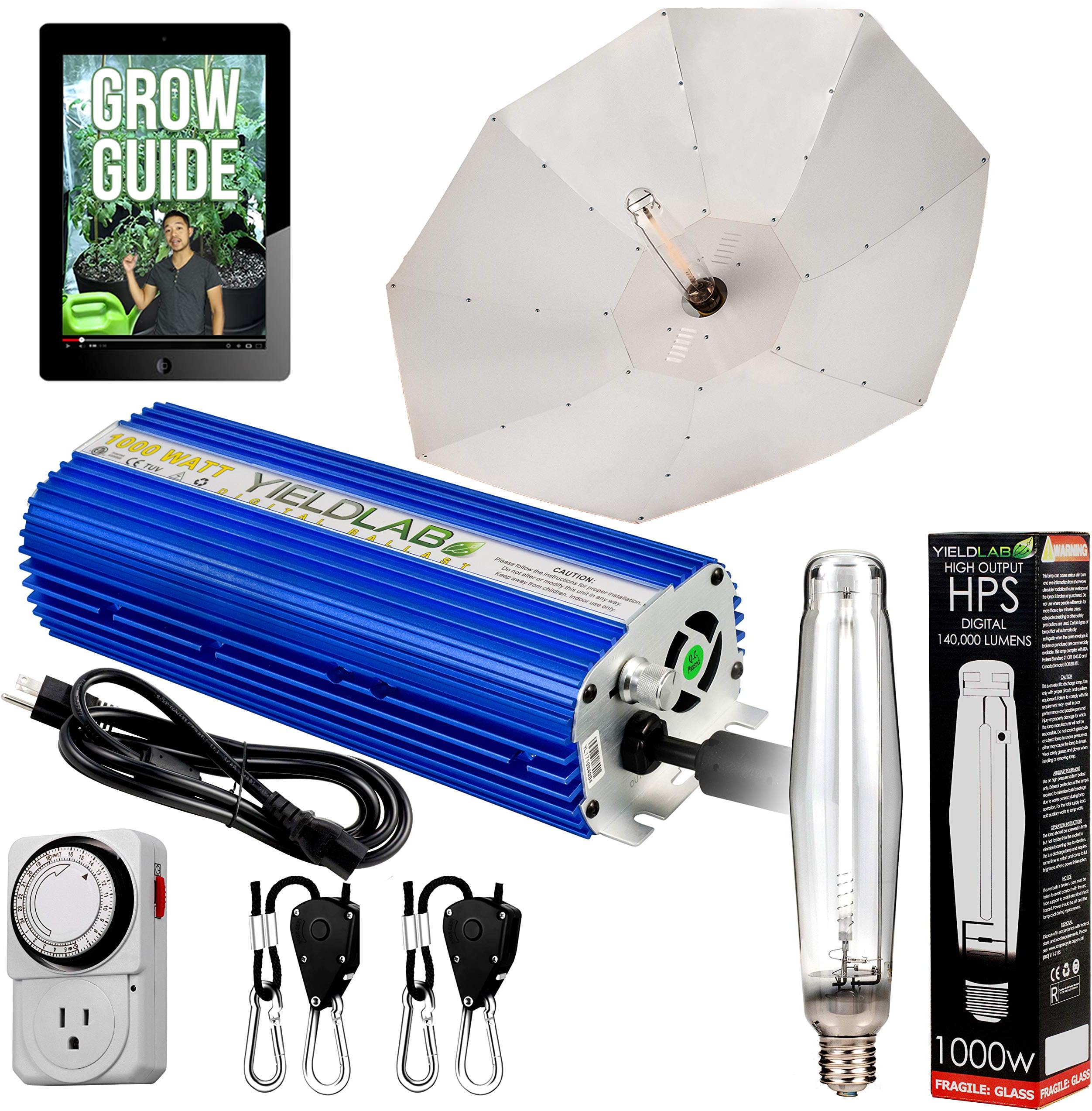 Yield Lab Horticulture 1000w HPS Grow Light Umbrella Reflector Kit Easy Setup Full Spectrum System for Indoor Plants and Hydroponics – Free Timer and 12 Week Grow Guide DVD