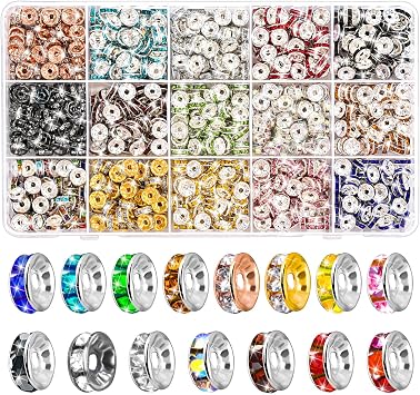900 Pieces Rondelle Spacer Beads for Jewelry Making, 8mm Rhinestone Spacer Beads Crystal Bead Spacers for Bracelets, Focal Beads for Pen, 15 Colors