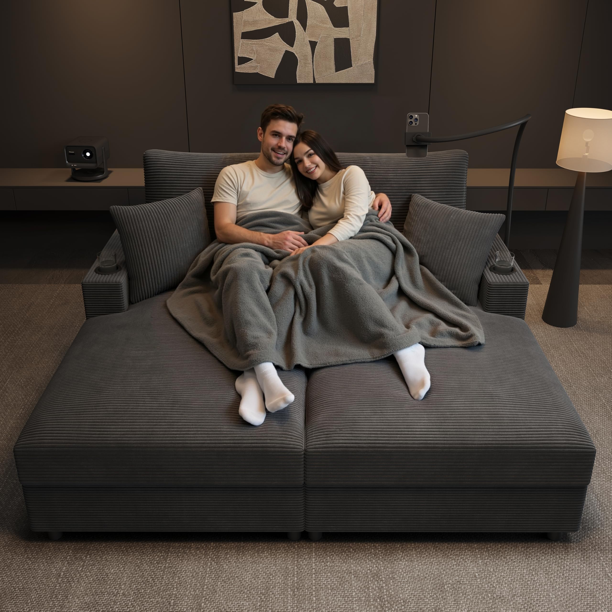 Canapé-lit double avec fonction couchage rembourré, support pour téléphone portable, port USB et porte-gobelet, convient pour le salon, la chambre à coucher (gris)