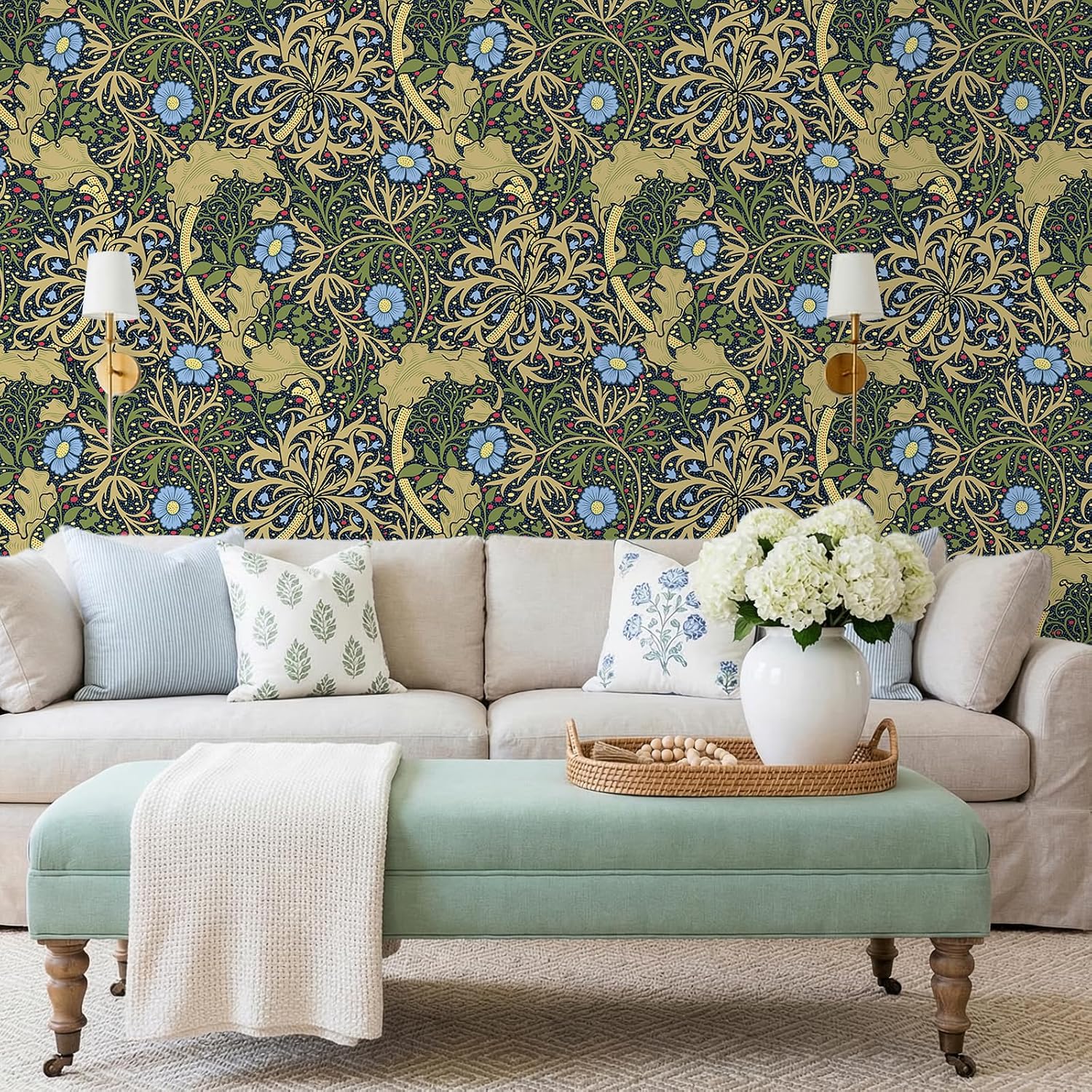 VEELIKE Vintage Floral Peel and Stick Wallpaper Retro William Morris Seaweed Wallpaper 17.7''x354'' Self Adhesive Contact Paper Floral Removable Wall Paper for Bedroom Bathroom Accent Walls Furniture