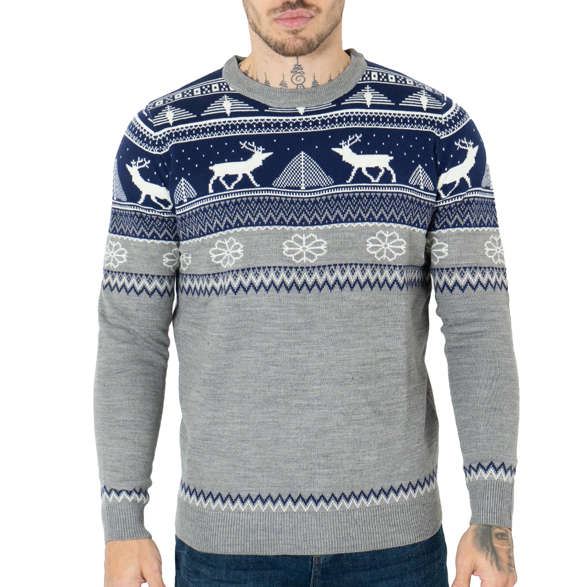 NOROZE Weihnachtspullover für Herren | Leichter Strickpullover im nordischen Stil mit Rentierprint Rundhalsausschnitt, Lange Ärmel WeihnachtspúLLI Weihnachtssuéter Herren