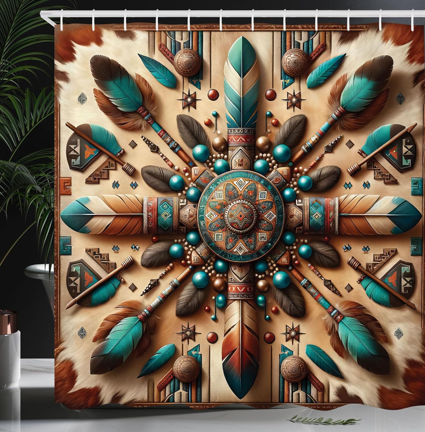 Ambesonne Rustic Shower Curtain, Ethnic Southwestern Style Grunge Boho Symmetric Design with Feathers, Cloth Fabric Bathroom Decor Set with Hooks, 69" W x 84" L, Redwood and Dark Turquoise