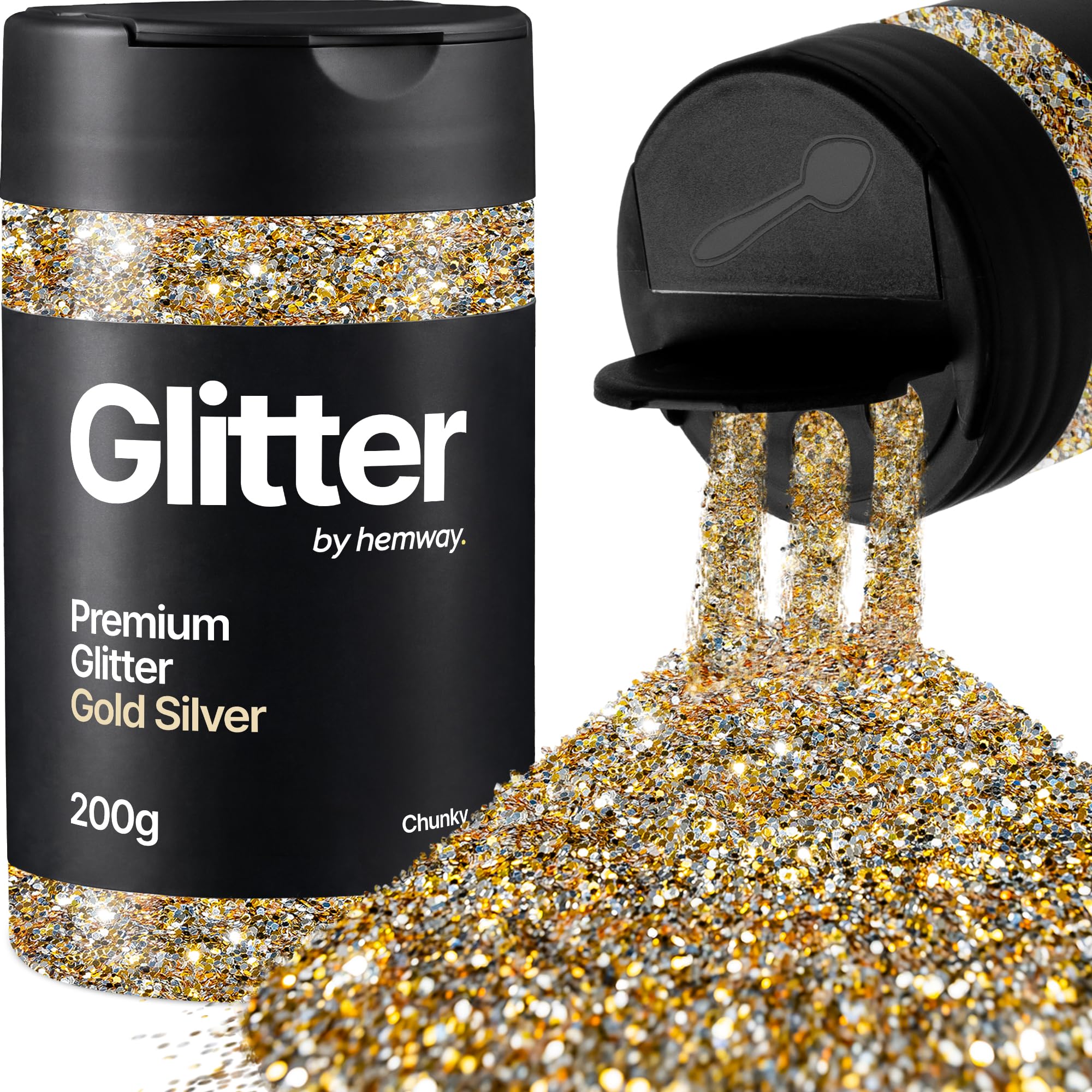 Hemway Gold Silver Glitter Shaker, 200g Chunky Glitter for Crafts Metallic Flake Sequins for Resin & Epoxy Crafts for Decorating, Halloween, Christmas, Nail, Face, Art