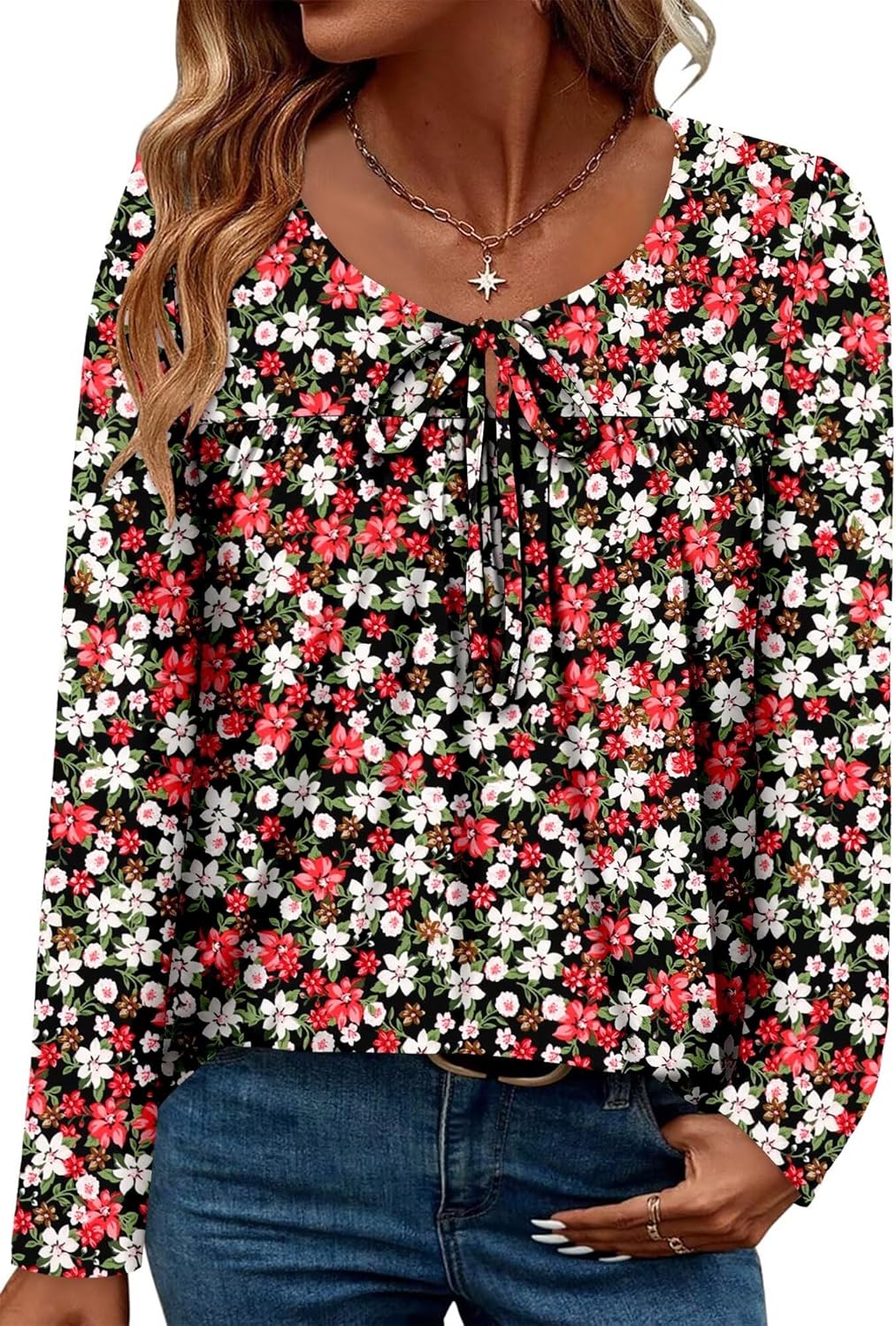 Magritta Womens Long Sleeve Tops 2025 Fall Keyhole-Tie Neck Pleated Tunic Blouses Dressy Casual Business Shirts