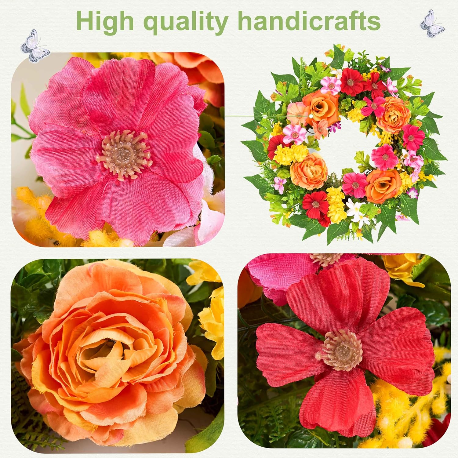 zjlmit 20 Inch Spring Wreath for Front Door, Artificial Silk Flower Wreath on Grapevine Base with Orange Rose-Style Blooms, Multicolor Floral Accents and Greenery, Indoor Wall Entryway Decor