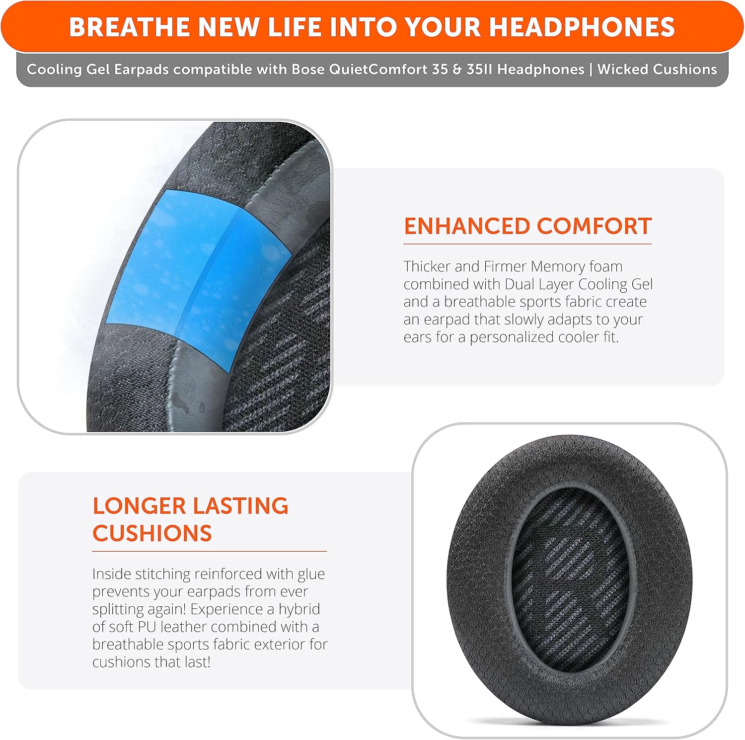 WC Freeze QC35 - Cooling Gel Ear Pads for Bose QC35 & QC35ii (QuietComfort 35) Headphones & More | Breathable Sports Fabric, Cooling Gel, Extra Thick & Cooler for Longer | Black Camo