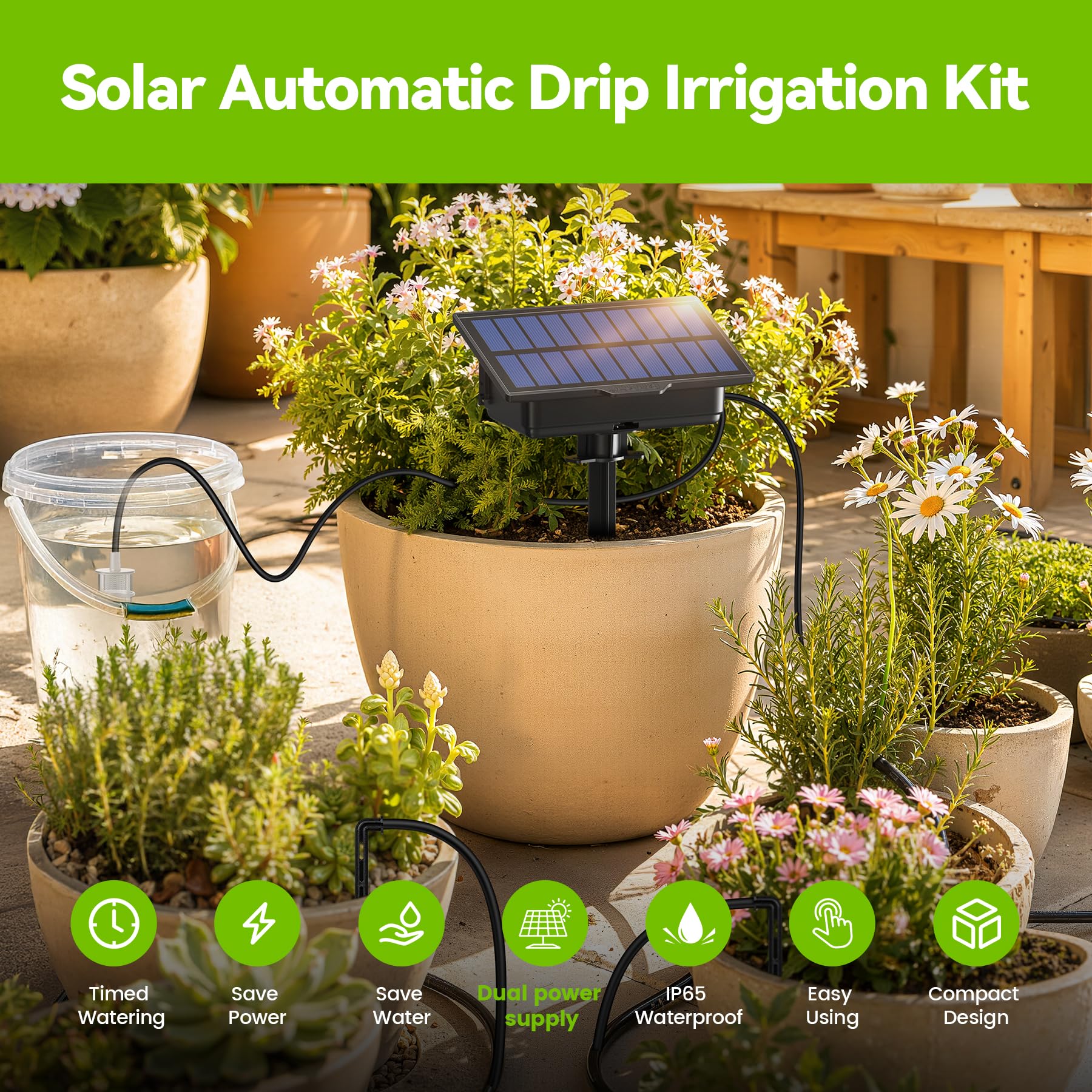 RAINPOINT Kit de Riego por Goteo Automático Solar, Nuevo Diseño de Manguera para Distribución Uniforme del Agua, Sistema de Riego por Goteo con 90 Modos de Temporizador + Manguera de 15M, Antisifón
