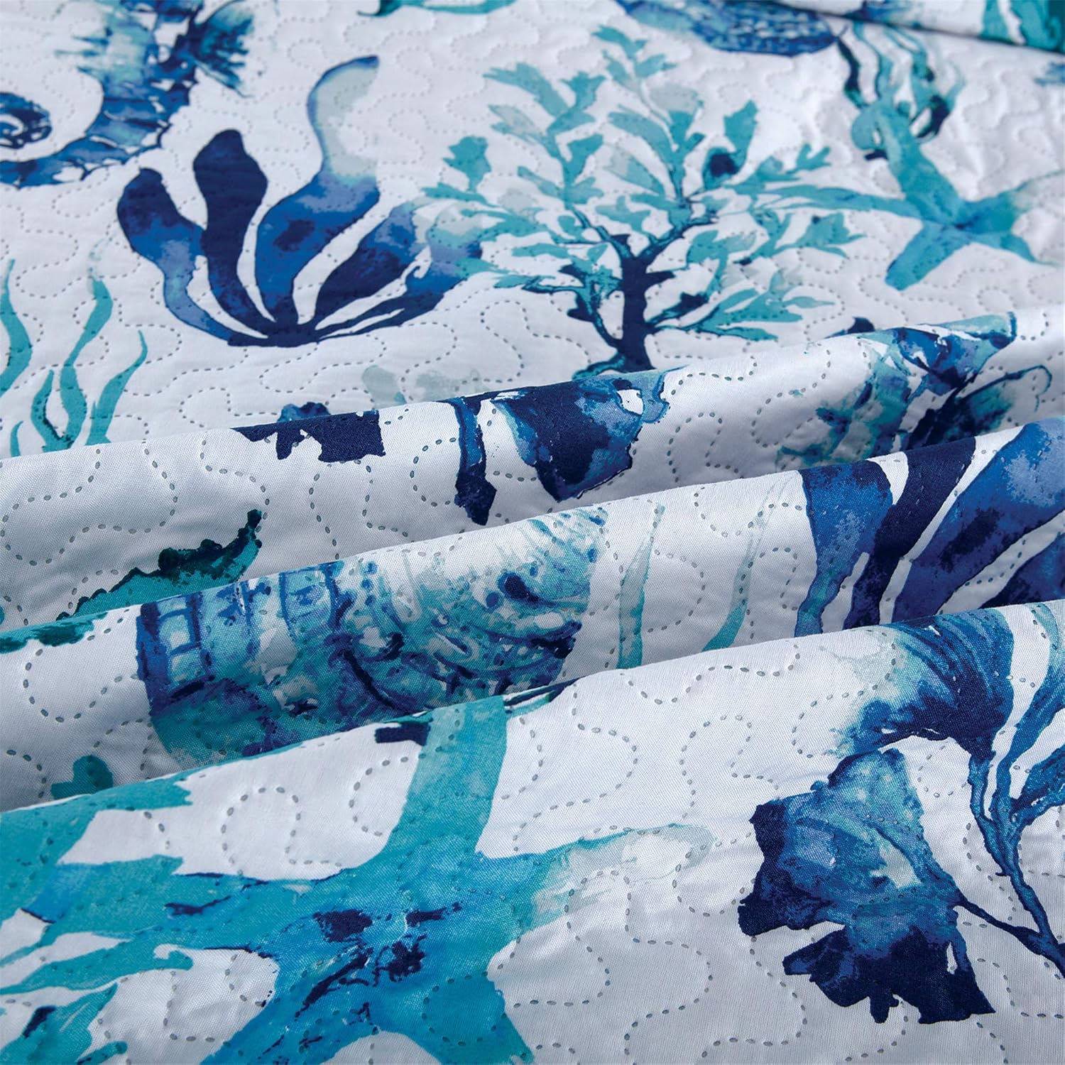 Coastal Bedding Set - Queen Size Reversible Quilts & Coverlet, Soft & Lightweight, Tropical Design, Aqua