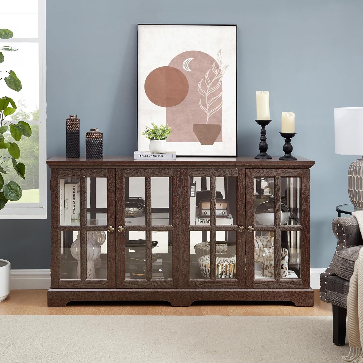 LED Curio Display Cabinet with Glass Doors, Cherry, 4-Door Vintage Showcase, Adjustable Shelves, 59.05 x 15.75 x 32.09 Inch