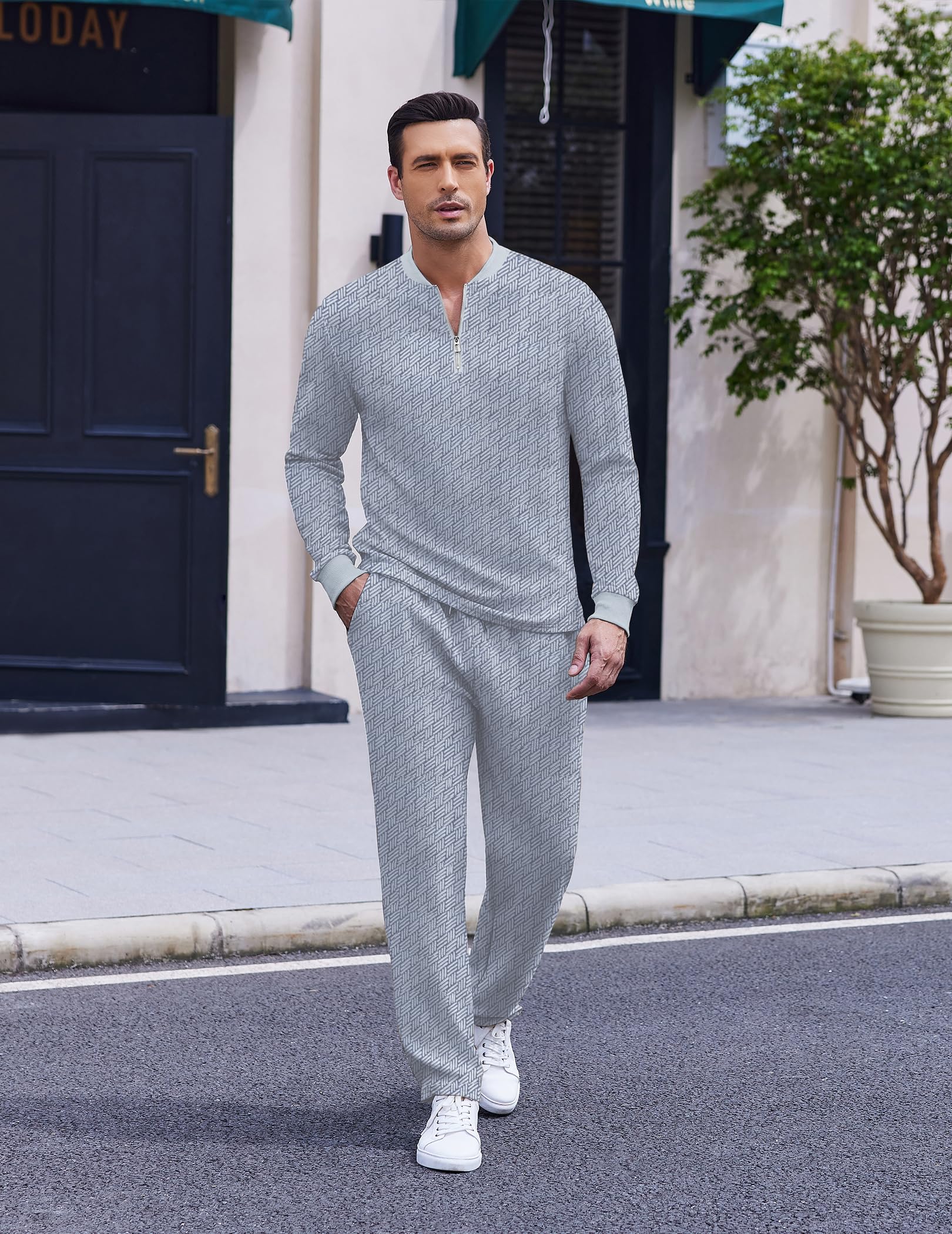 COOFANDY Tuta sportiva da uomo, 2 pezzi, con zip a quarto e maniche lunghe, abbigliamento sportivo casual