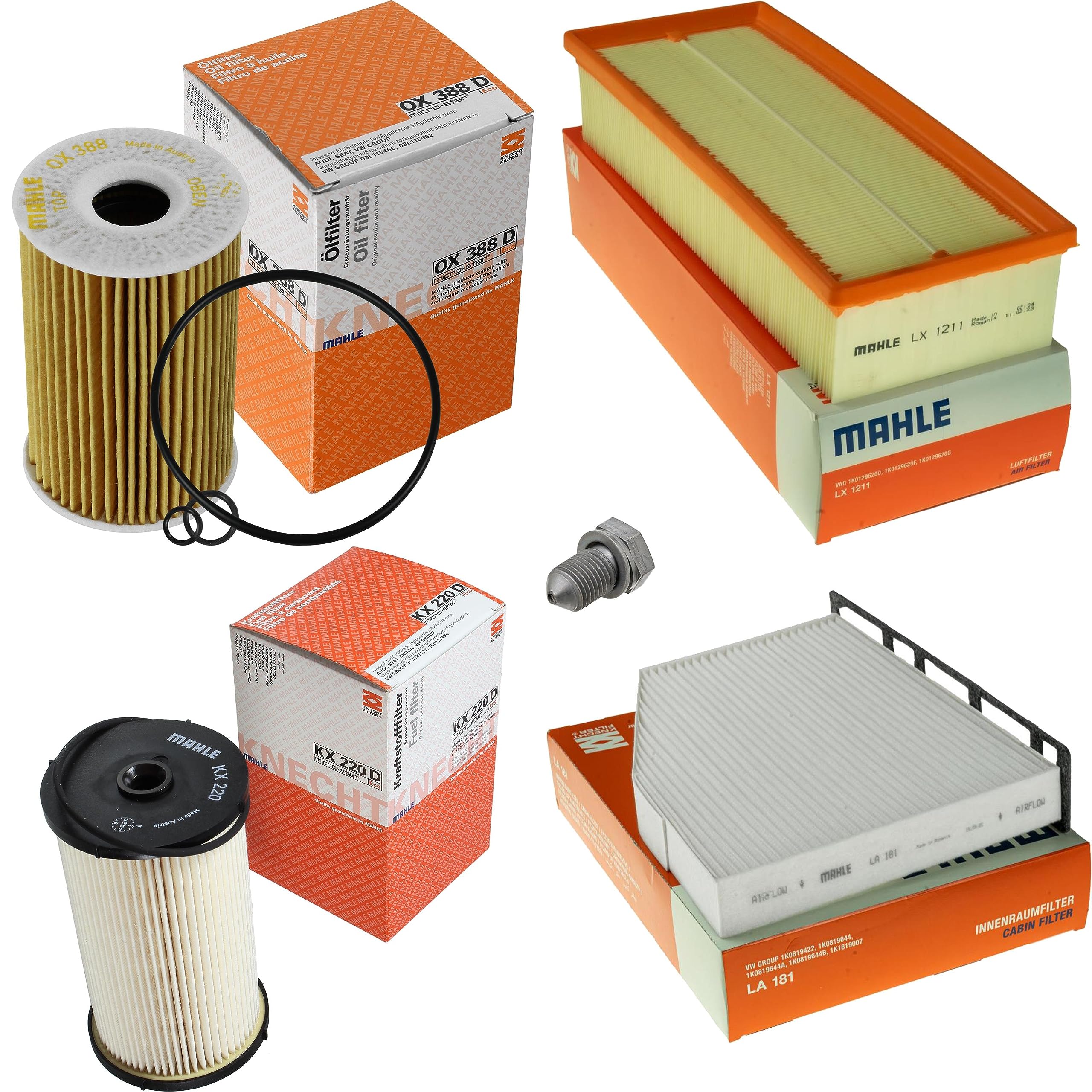 Paquete de inspección Kit de mantenimiento con filtro de aceite OX 388D, filtro de aire LX 1211, filtro de combustible KX 220D, filtro de habitáculo LA 181, tornillo de cierre