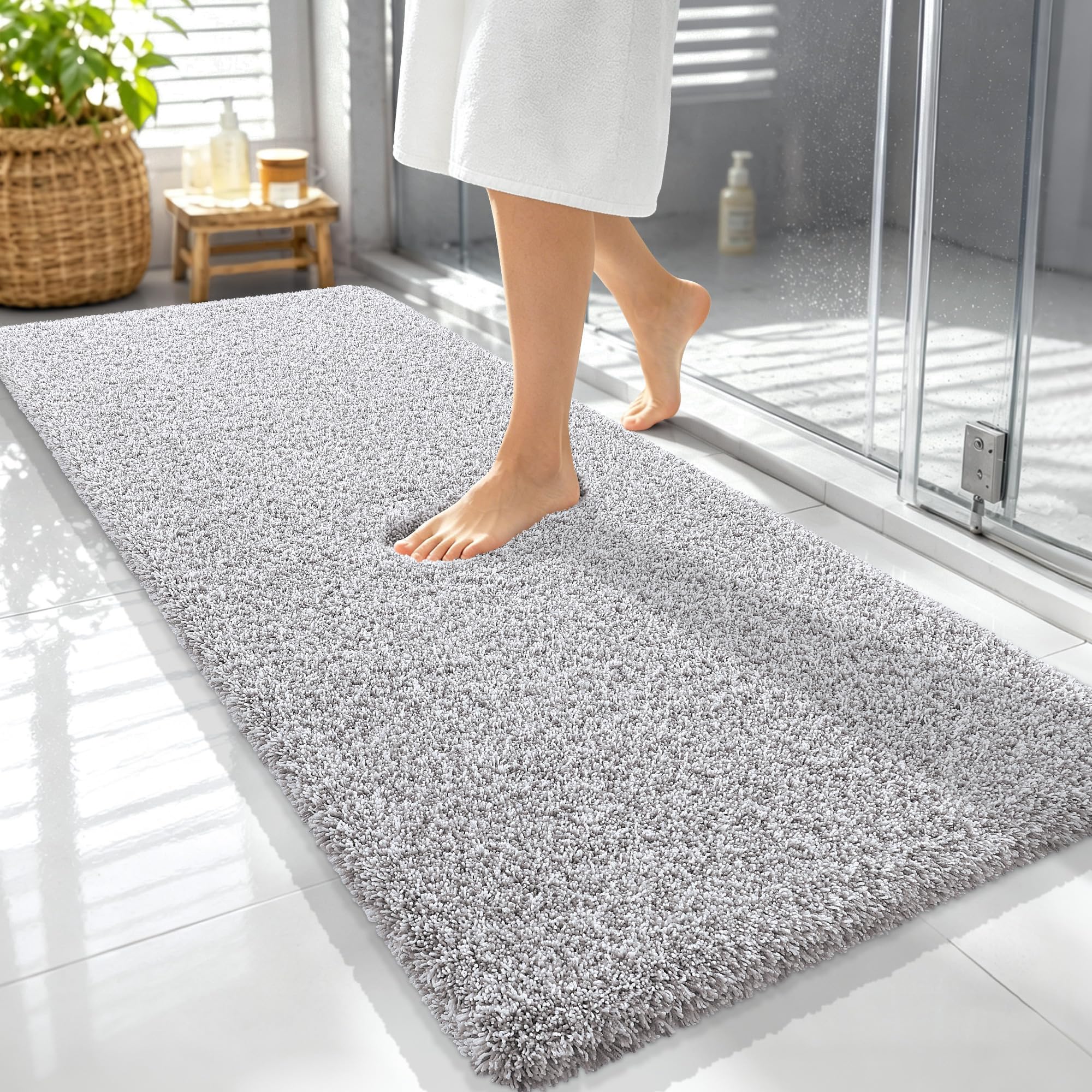 OLANLY Microfiber Bathroom Rugs 59x24, Quick Dry Mat, Light Grey and White