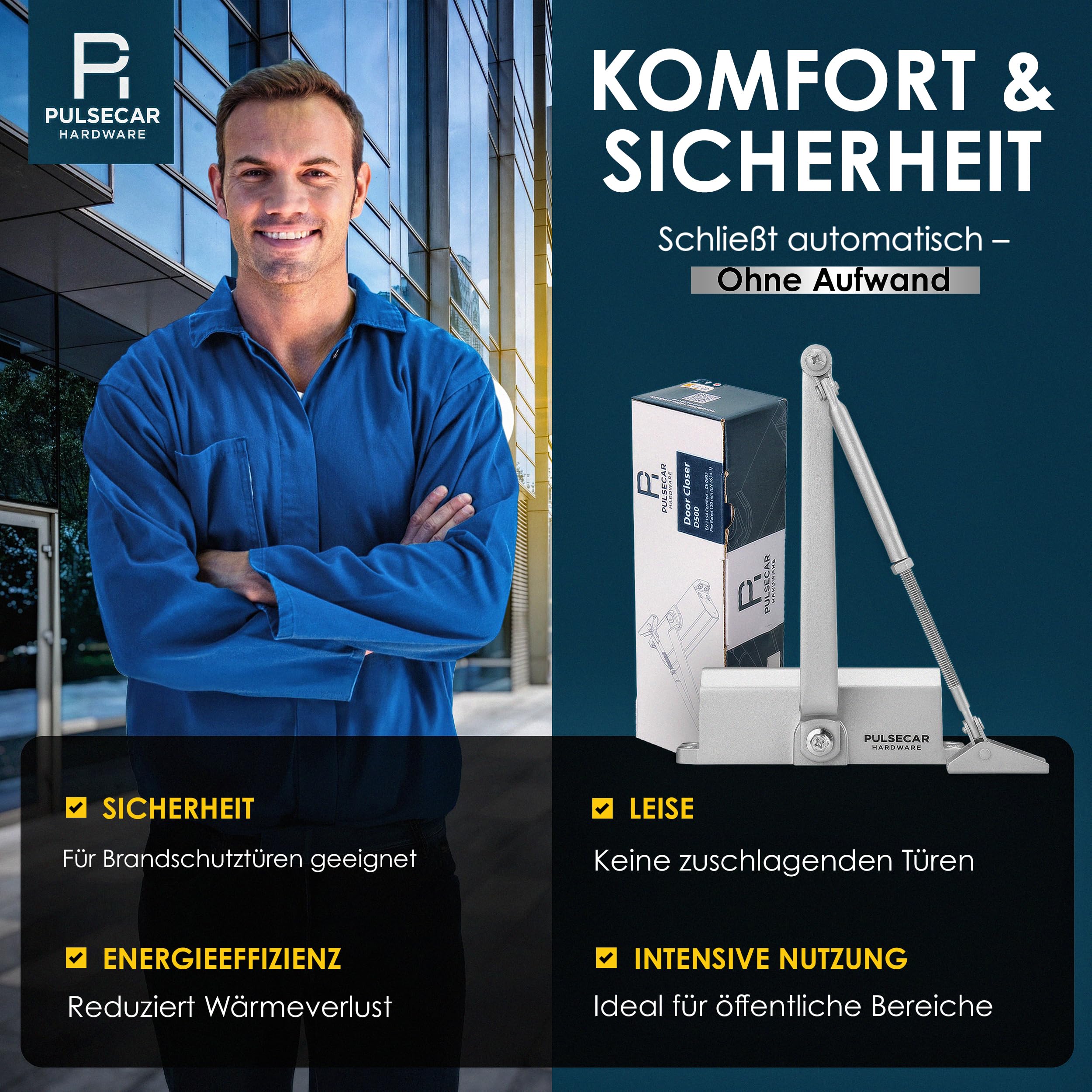 Türschließer nach EN 1154 & EN 1634-1 – Selbstbohrende Schrauben – Leise, einstellbare Schließkraft Einfache & schnelle Montage – Für Türen bis 65 kg, Größe 3 – Gewerbe & Privat (2, Silber)