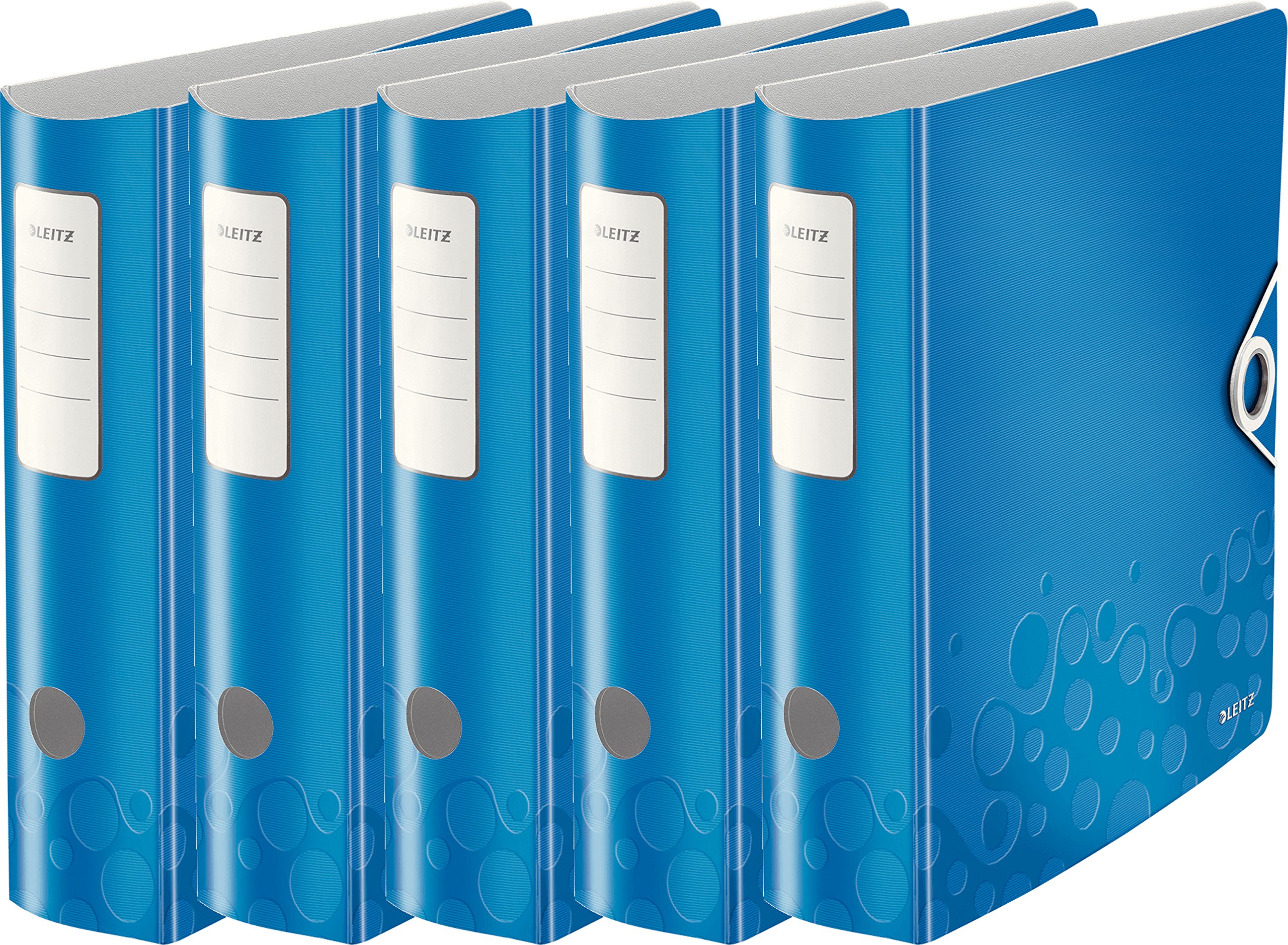 Leitz Qualitäts-Ordner 180° Active Wow, A4, Runder Rücken, 8,2 cm Breite, Kunststoff, Gummibandverschluss (5er Pack, blau metallic)