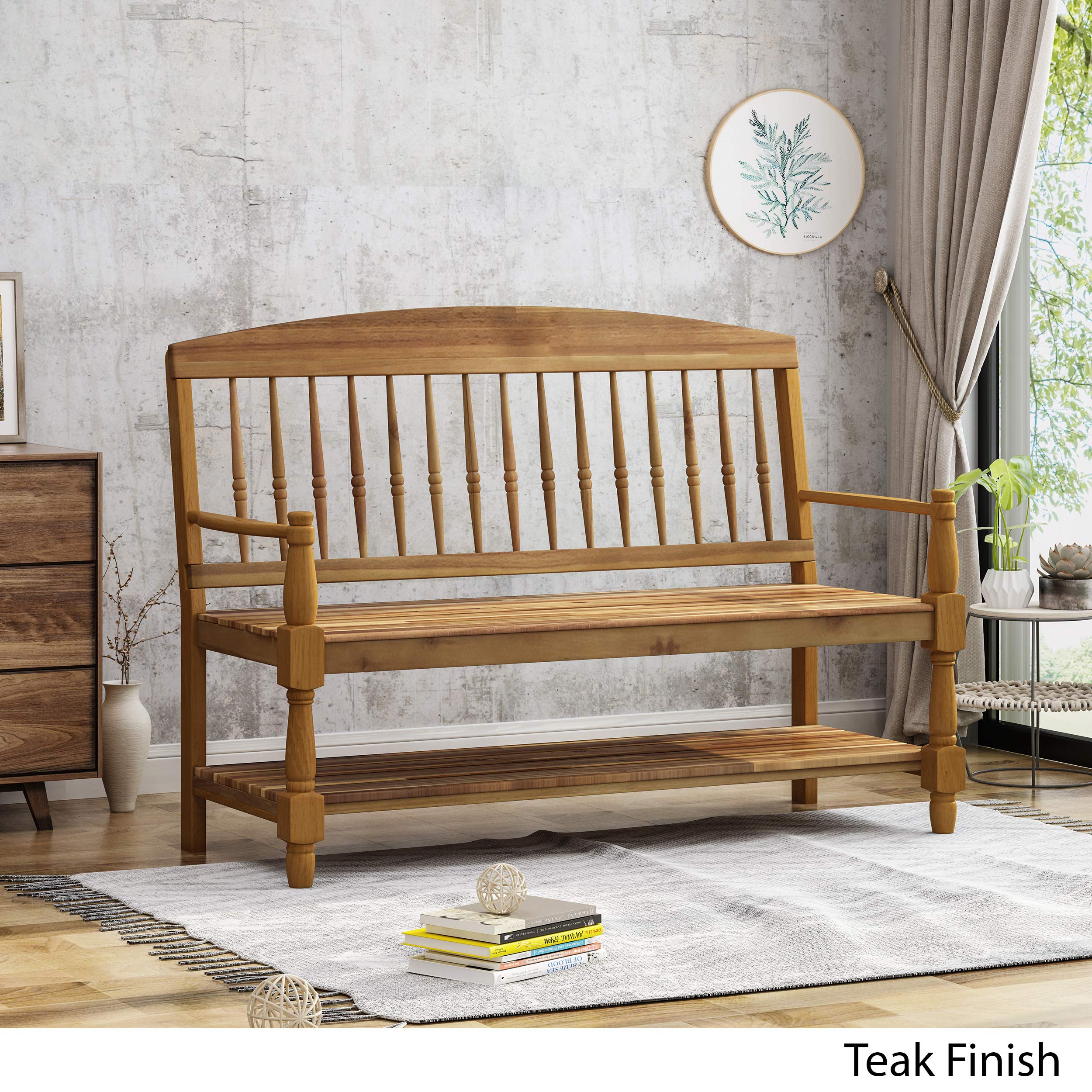 Christopher Knight Home Eddie Indoor Farmhouse Acacia Wood Bench with Shelf, Teak Finish