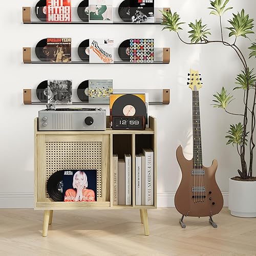 Miniatura 6 de Semiocthome Soporte para tocadiscos con almacenamiento de vinilo, mesa de tocadiscos con puerta de armario de ratán, soporte para discos de vinilo