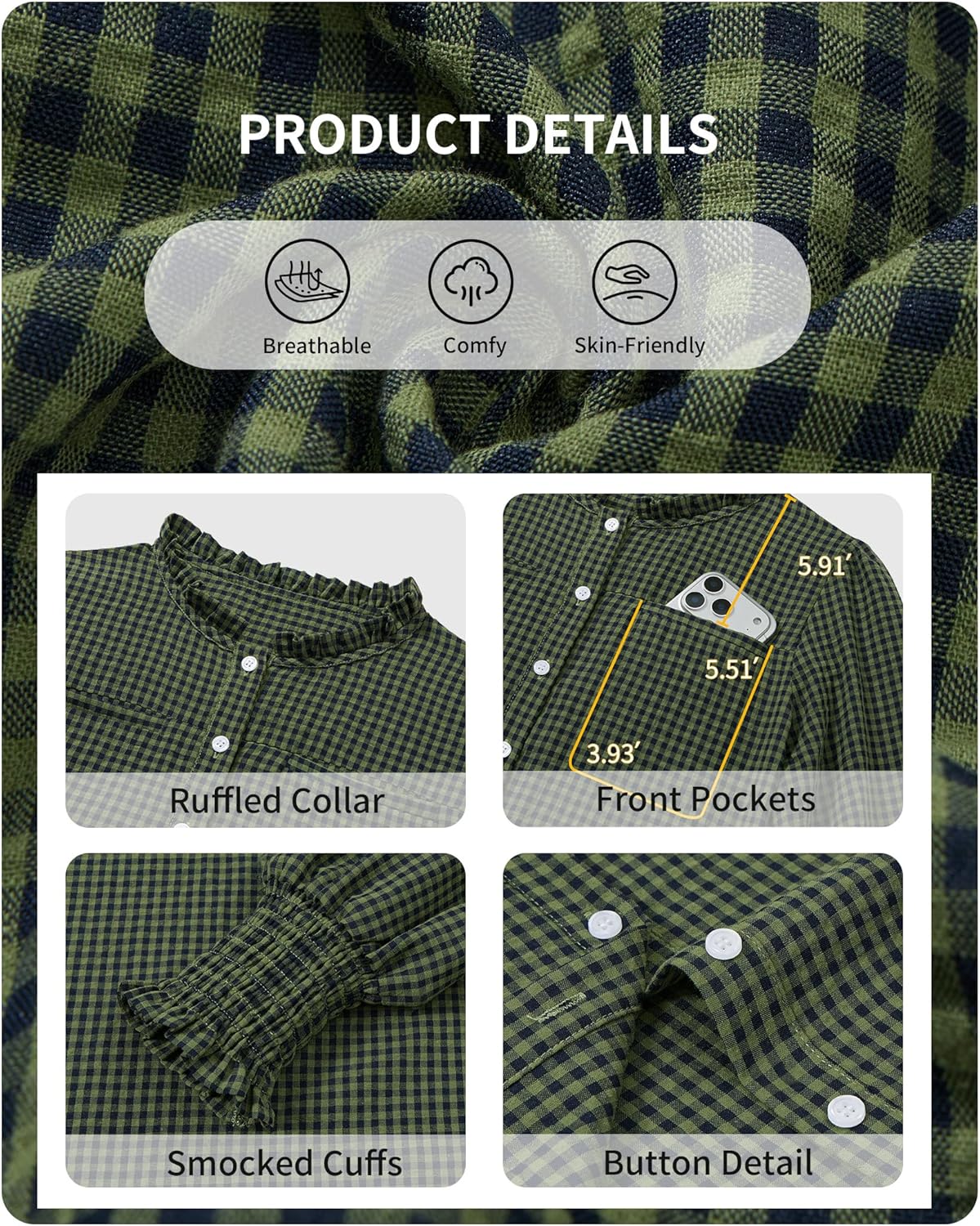 Plaid Shirts for Women Button Down Shirt Ruffle Neck Long Sleeve Blouses Dressy Casual Gingham Tops with Chest Pockets - Image 7