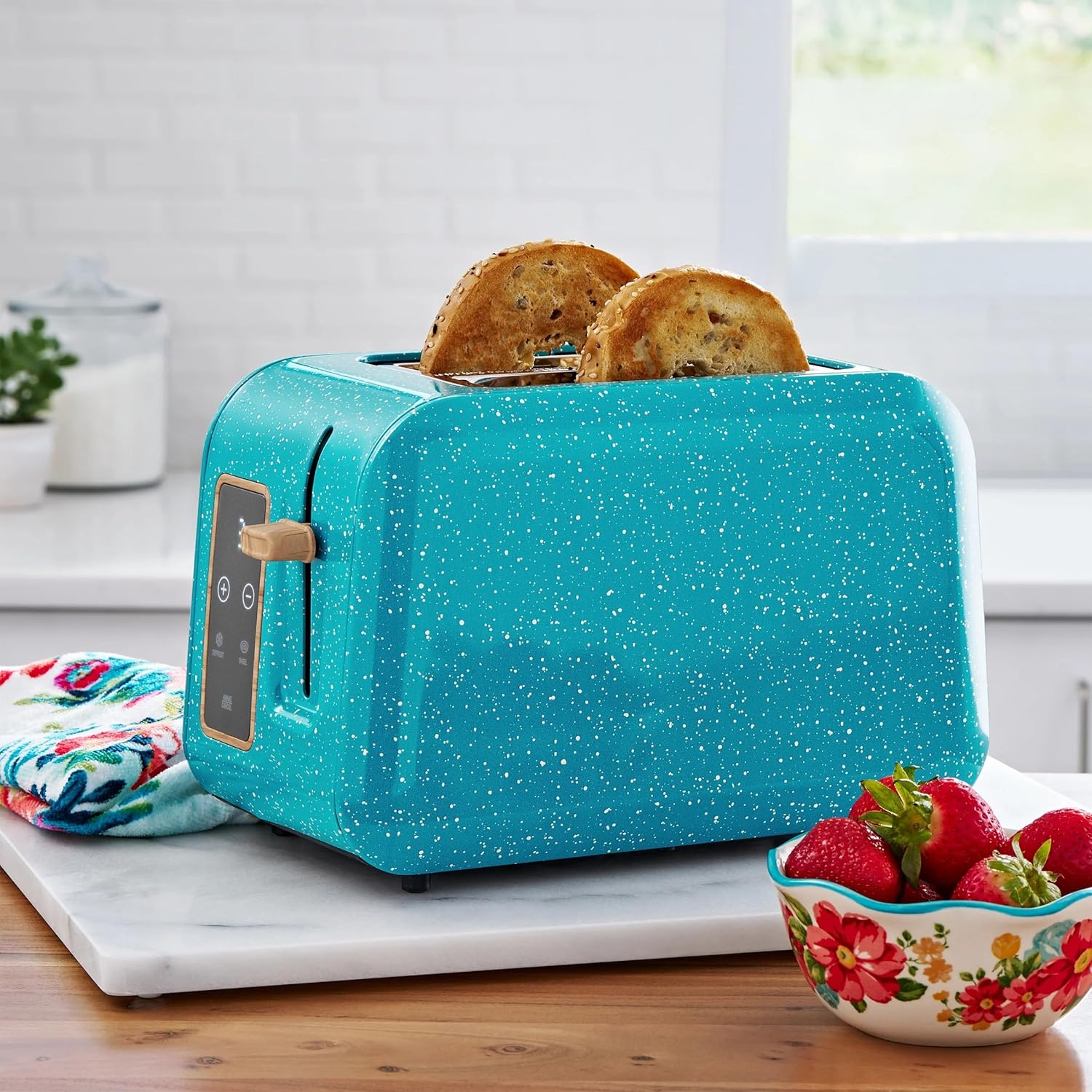Dual slot Digital Toaster with Digital Display, touch-activated display has three functions, Teal Speckle it