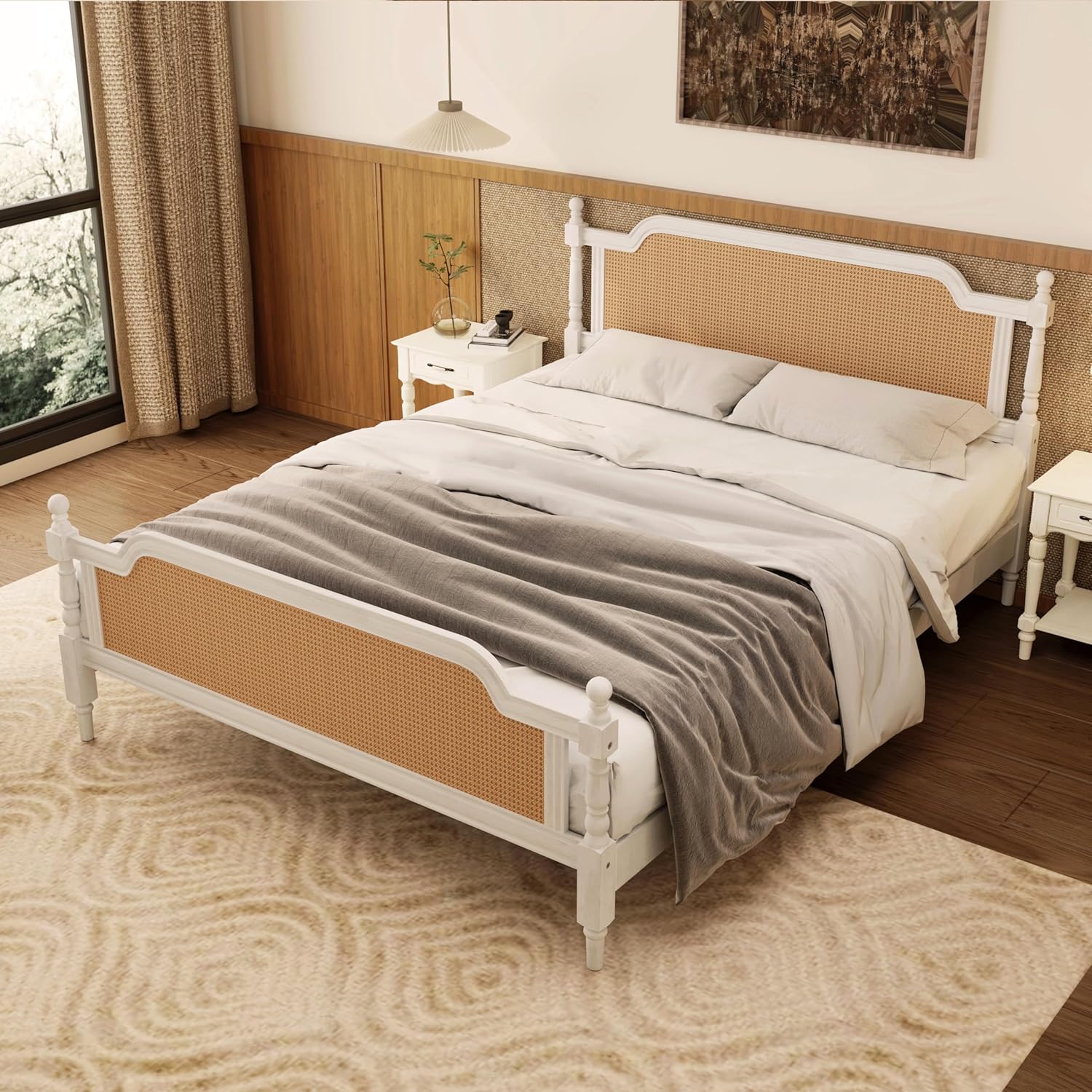 Mid Century Style King Size Platform Bed with Rattan Headboard and Footboard,Solid Wood Foundation Bed Frame with Slat Wood Support,French Style,No Box Spring Needed (Antique White)