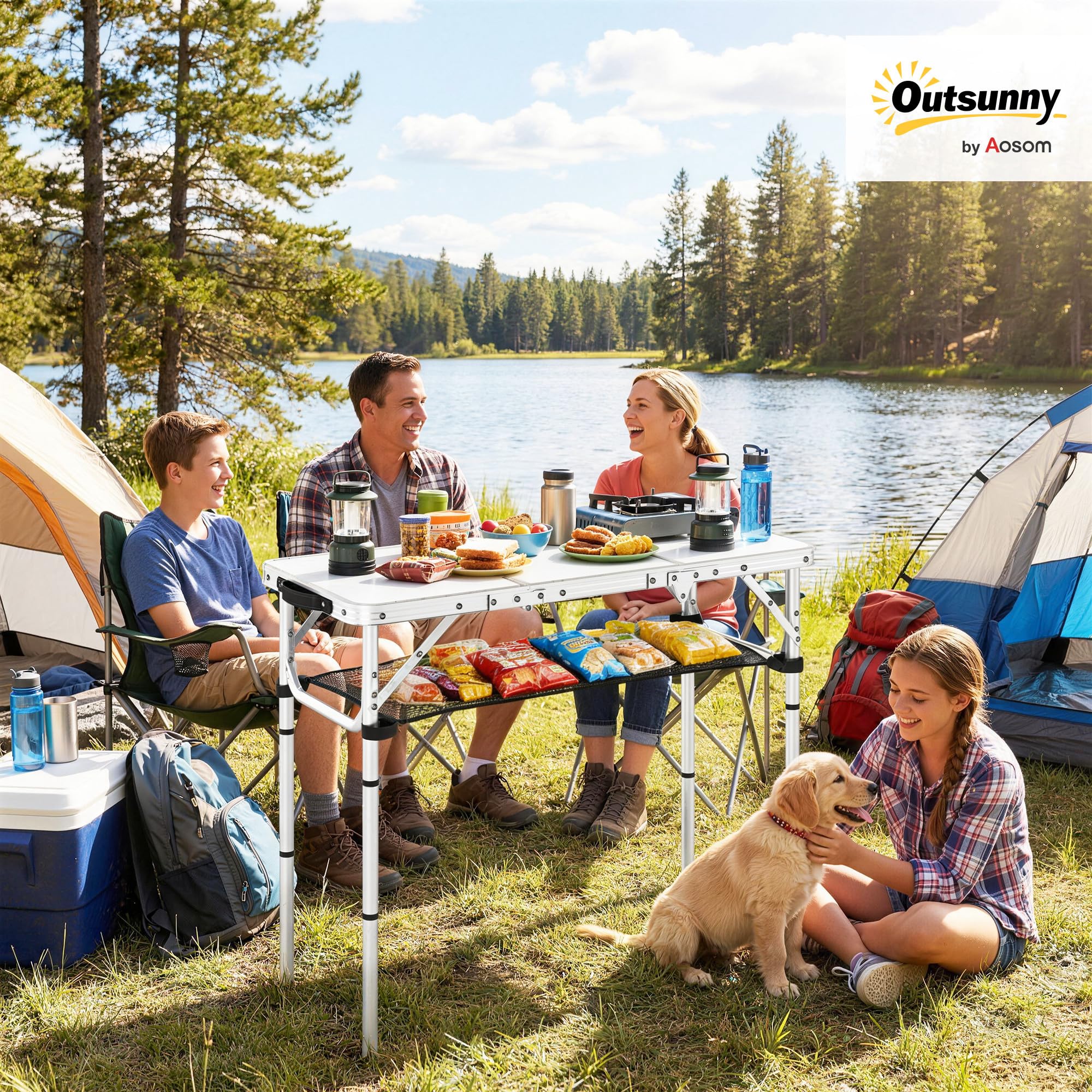 Mesa plegable de camping Outsunny de 91 cm, mesa de picnic con capa de almacenamiento de malla, bolsa de transporte y estructura metálica, portátil para jardín, parque, barbacoa, color blanco crema.