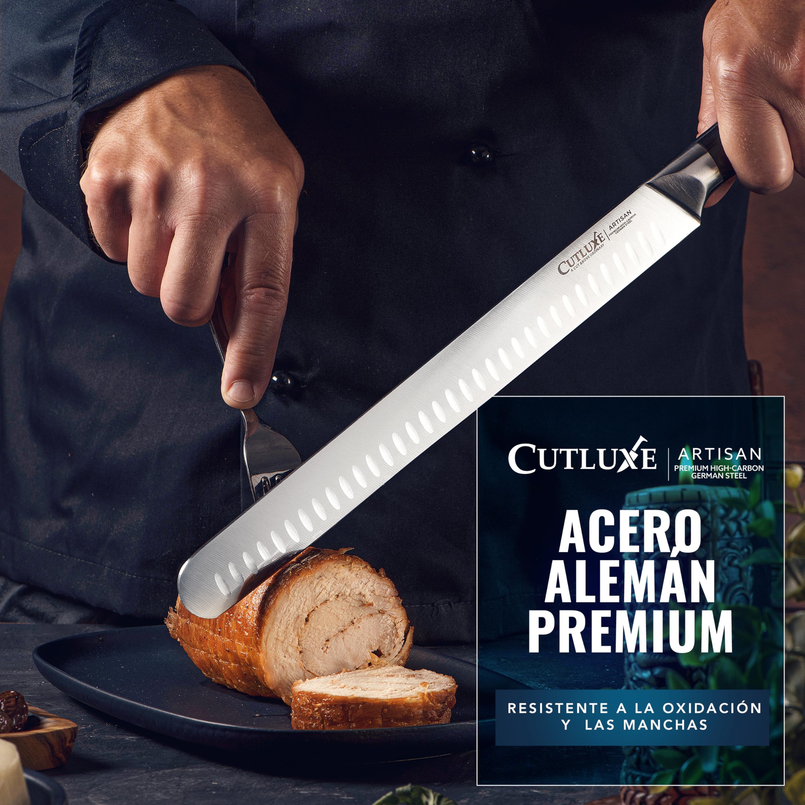 Cutluxe Set de Cuchillos Trinchar Profesional BBQ (2 piezas) - Cuchillo Jamonero Profesional de Carne Y Cuchillo Deshuesador - Cuchillos Cocina con Acero Alemán - Mango Ergonómico - Serie Artisan