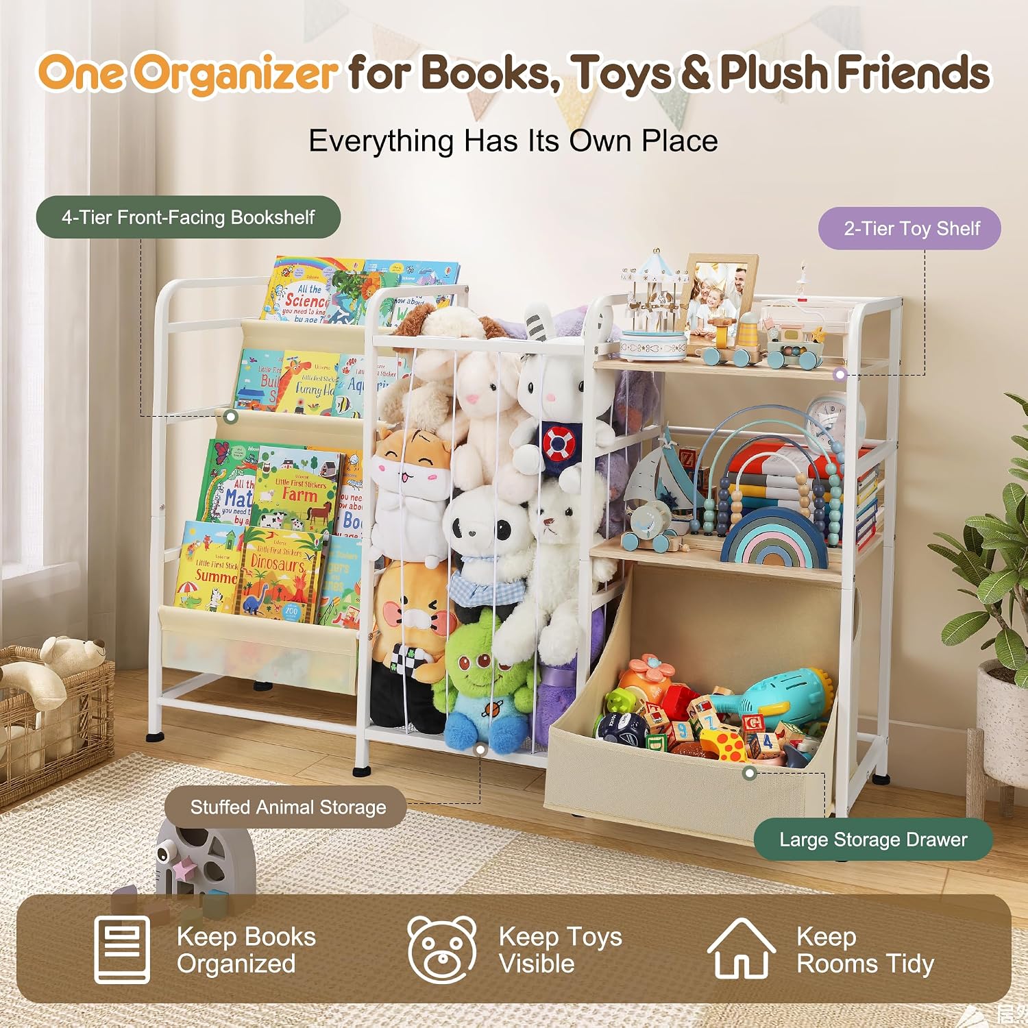 Kids Bookshelf and Toy Storage Organizer, 3-in-1 Kids Bookcase with Stuffed Animal Storage, 4-Tier Front Facing Bookshelf, Toy Shelves & Storage Bin for Playroom, Bedroom, Nursery|49"W x 11.8"D x 31"H image 3