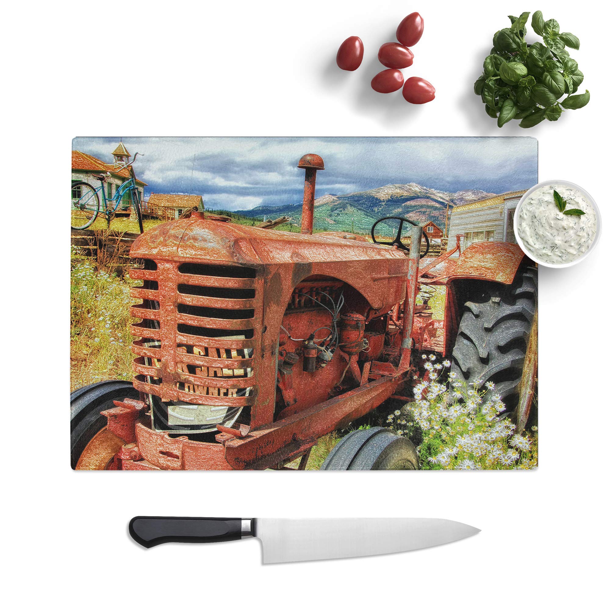 Kitchen Chopping Board Glass - Vintage Rusted Tractor - Textured Worktop Saver Cutting Board - Heat Resistant, Shatterproof and Hygenic - 28.5 x 20 cm
